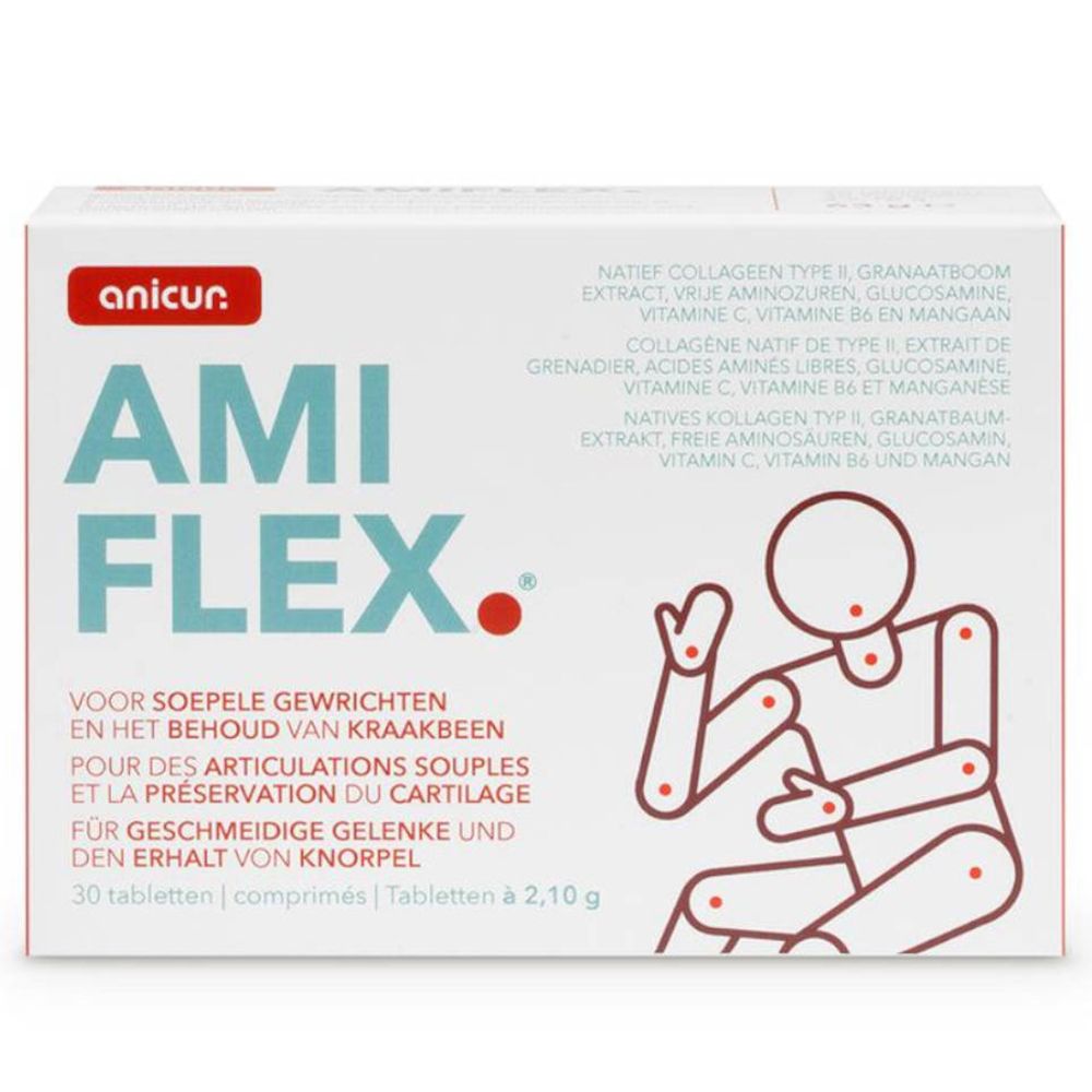 Boîte blanche avec texte "AMIFLEX" et pictogramme articulations. Contient 30 comprimés.