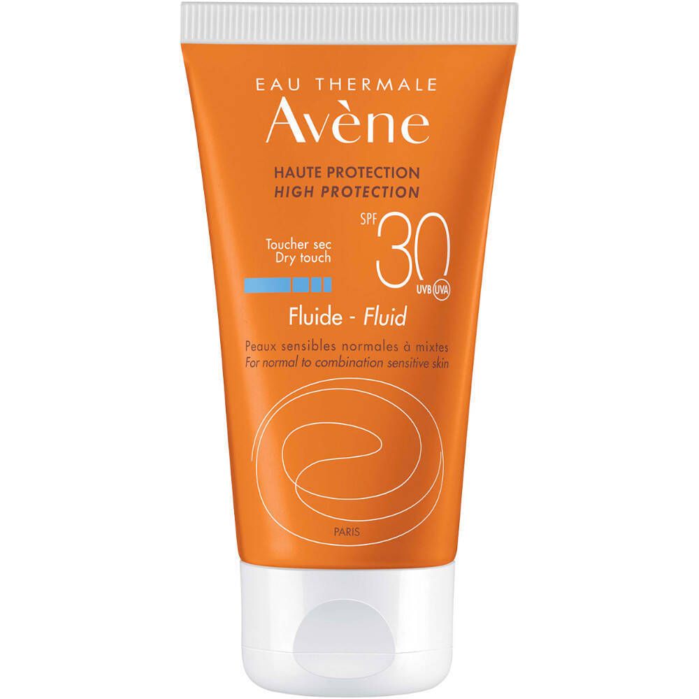 Tube orange avec bouchon blanc. Texte: Eau Thermale Avène, SPF 30, Flui-de, pour peaux mixtes. Toucher sec.
