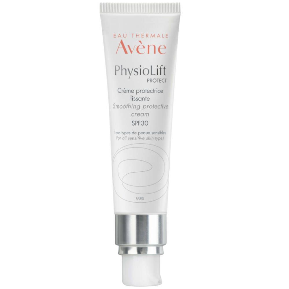 Tube blanche avec nom du produit et SPF30. Marque Avene. Bouchon argenté.