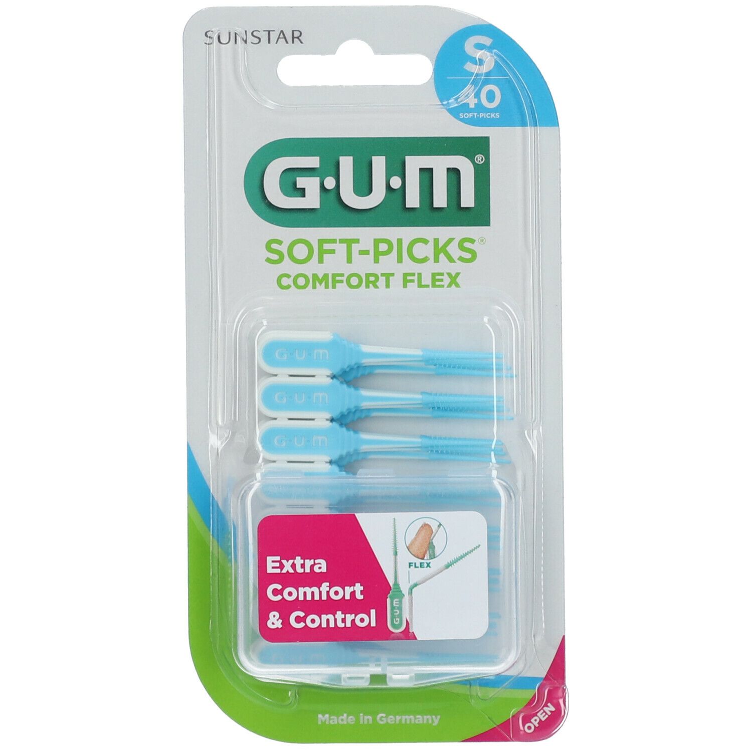 GUM Soft-Picks Comfort Flex. Packung mit blauen, flexiblen Bürsten. 40 Stück. Extra Komfort & Kontrolle.