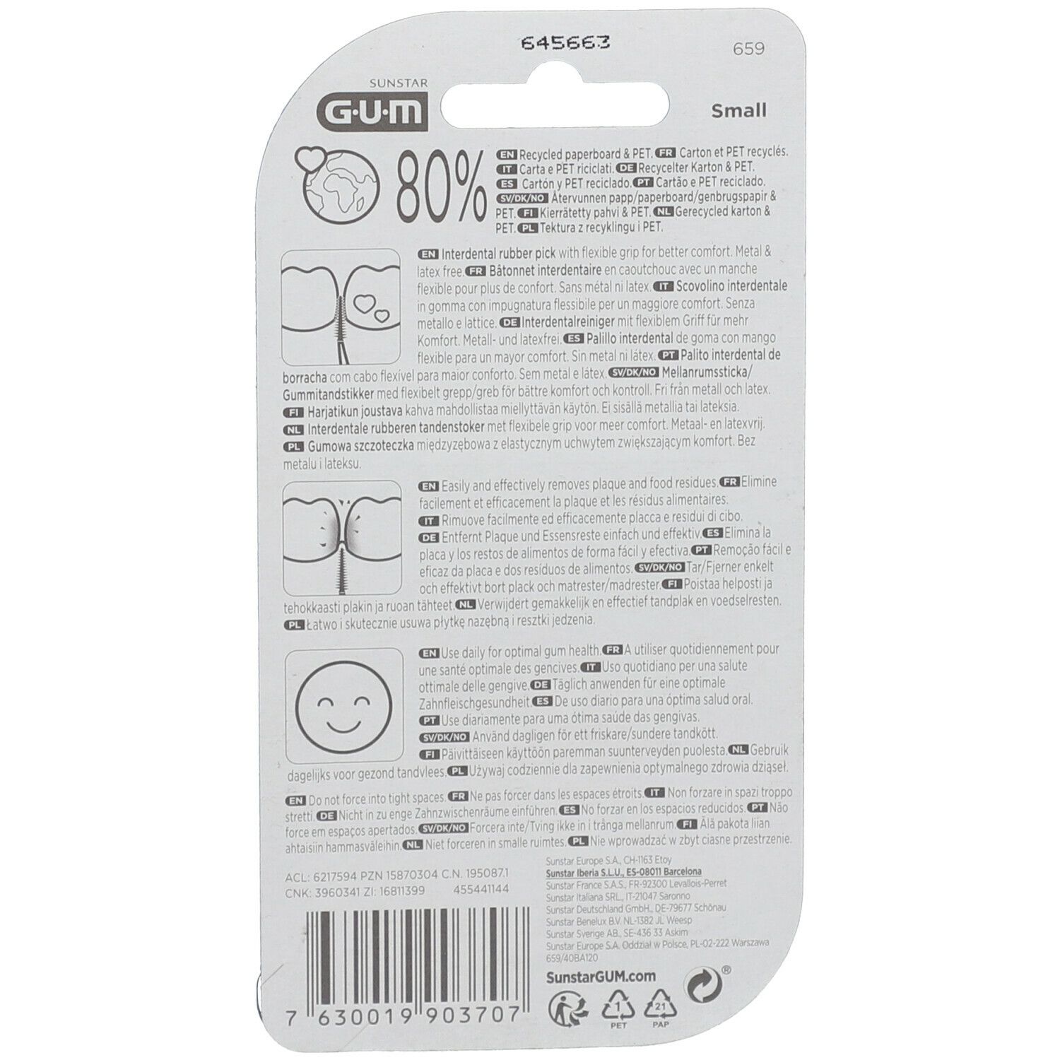 Rückseite der GUM Soft-Picks Comfort Flex Verpackung. Text mit Produktinformationen und Piktogrammen.