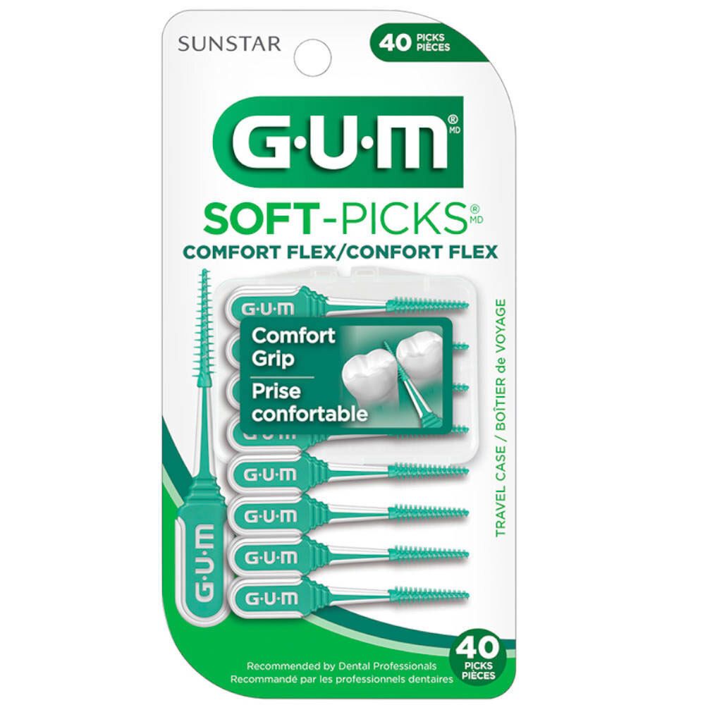 GUM Soft-Picks Comfort Flex Large. Boîte de 40. Bâtonnets de soins dentaires verts avec tige flexible. Nom du produit et marque visibles.