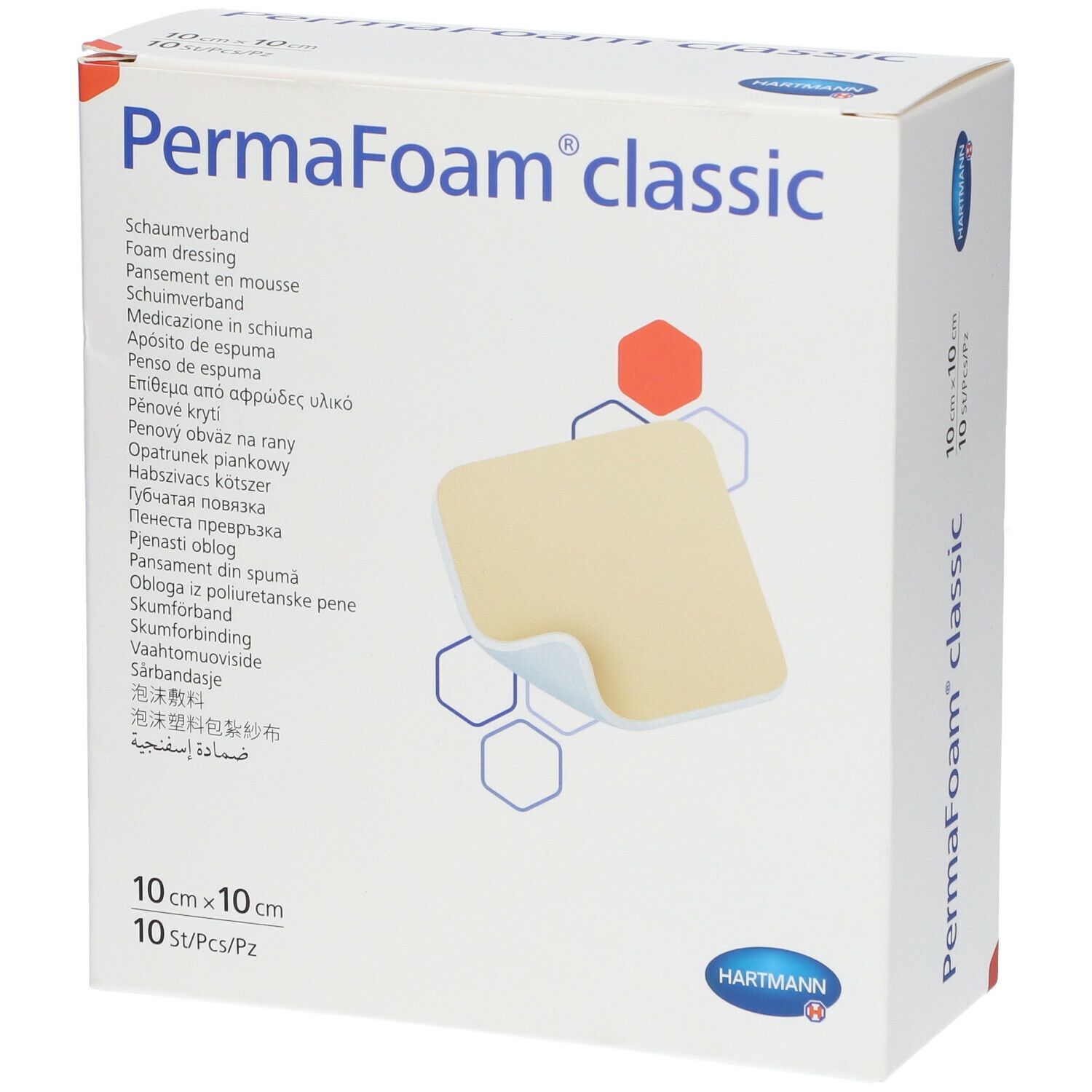 Boîte de PermaFoam classic. Pansement en mousse, 10x10cm, 10 pièces. Logo Hartmann. Image du produit.