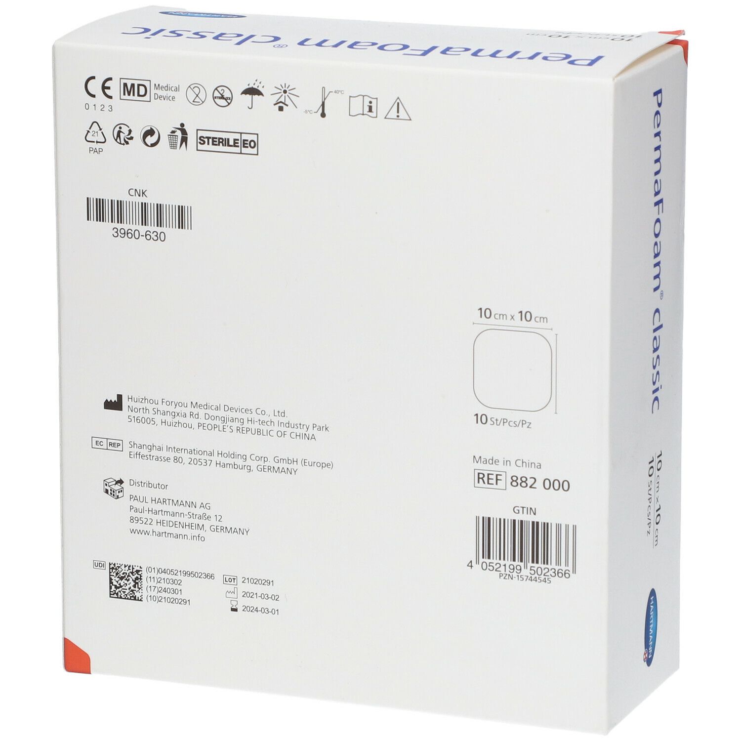 Dos de la boîte PermaFoam classic. Informations produit, fabricant, numéro de lot, date de péremption.
