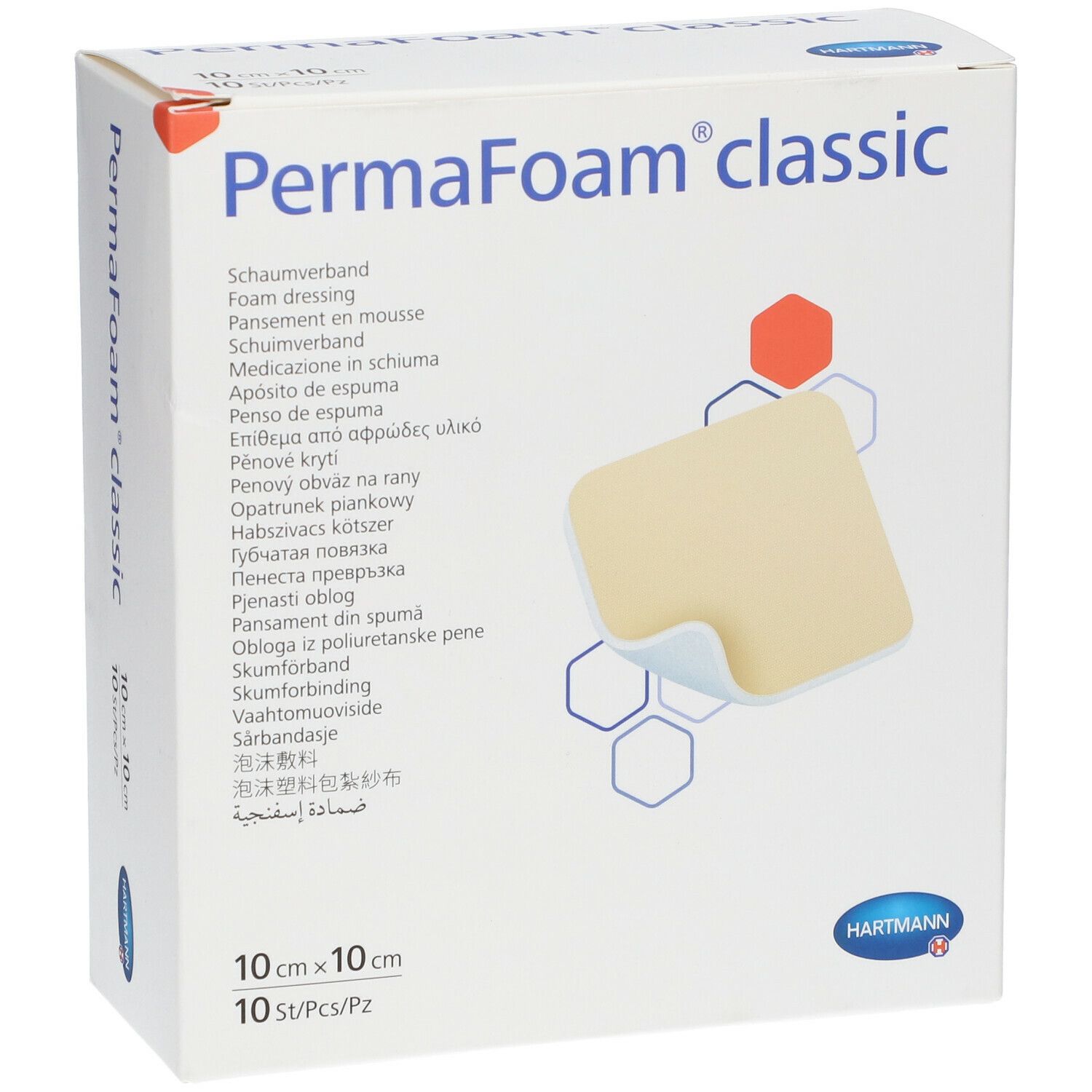 Boîte PermaFoam classic. Pansement en mousse, 10x10cm, 10 pièces. Logo Hartmann. Image du produit.