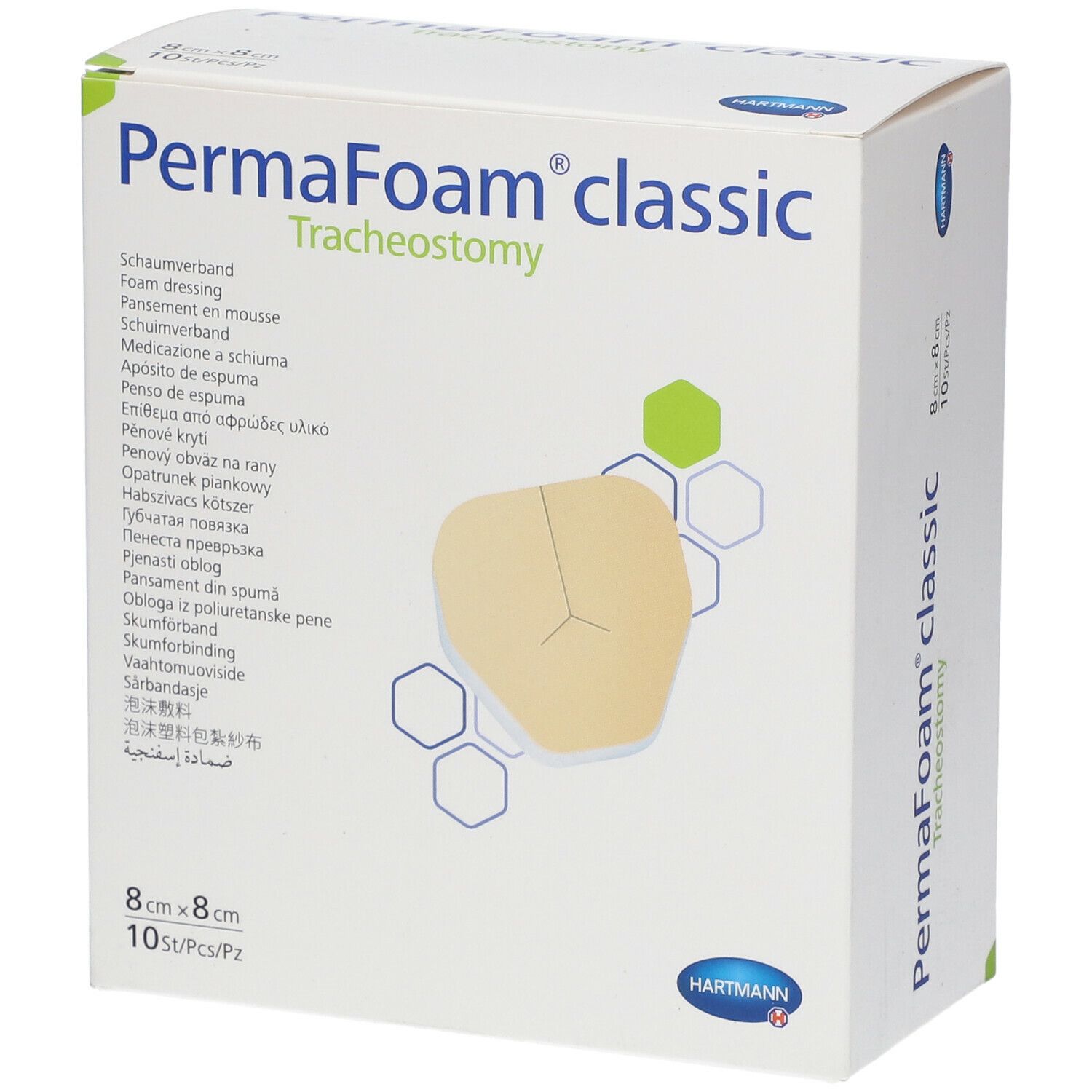Verpakking PermaFoam classic Tracheostomie. 8x8cm, 10 stuks. Beige schuimverband met uitsparing. Hartmann logo.