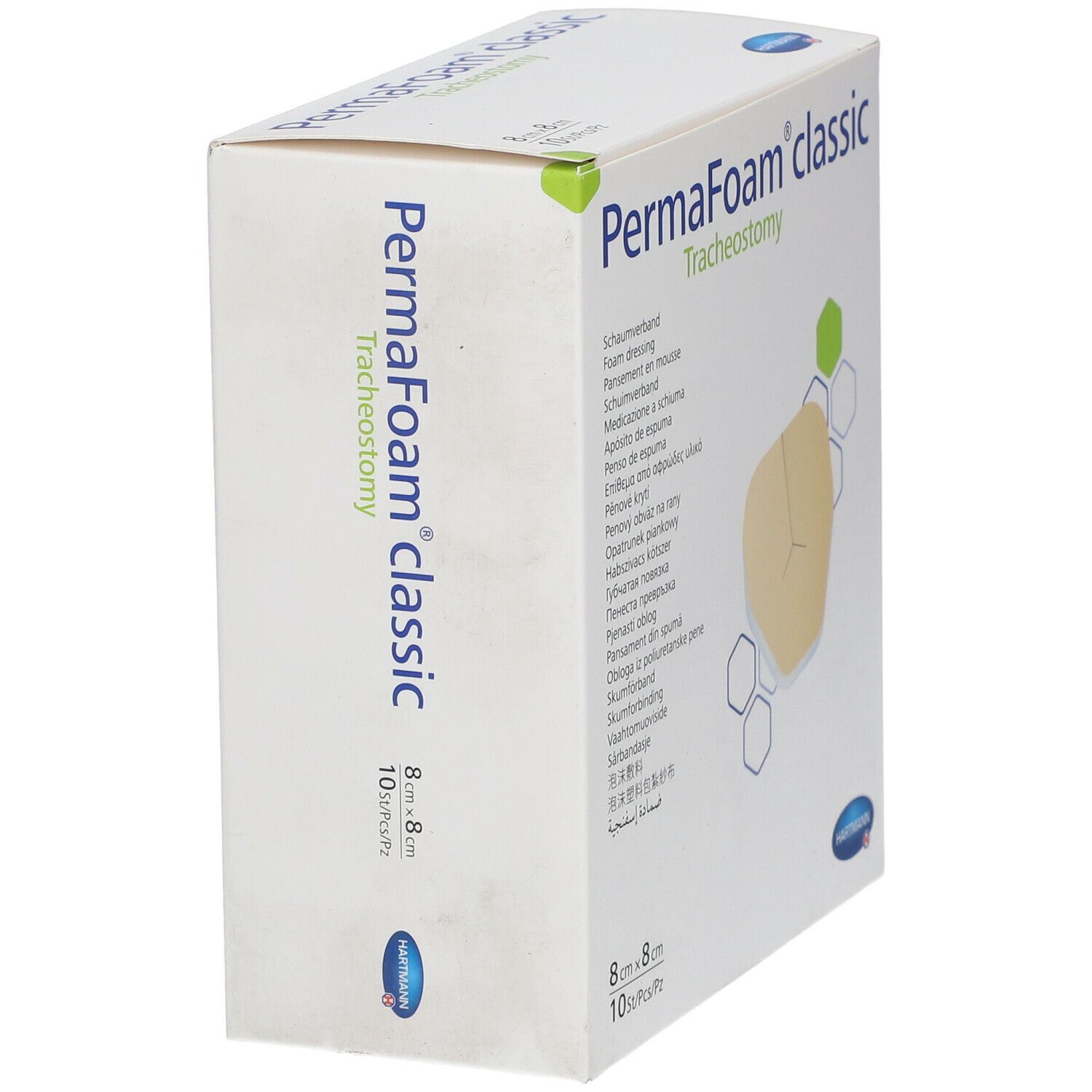 Verpakking PermaFoam classic Tracheostomie. 8x8cm, 10 stuks. Zijaanzicht. Hartmann logo.