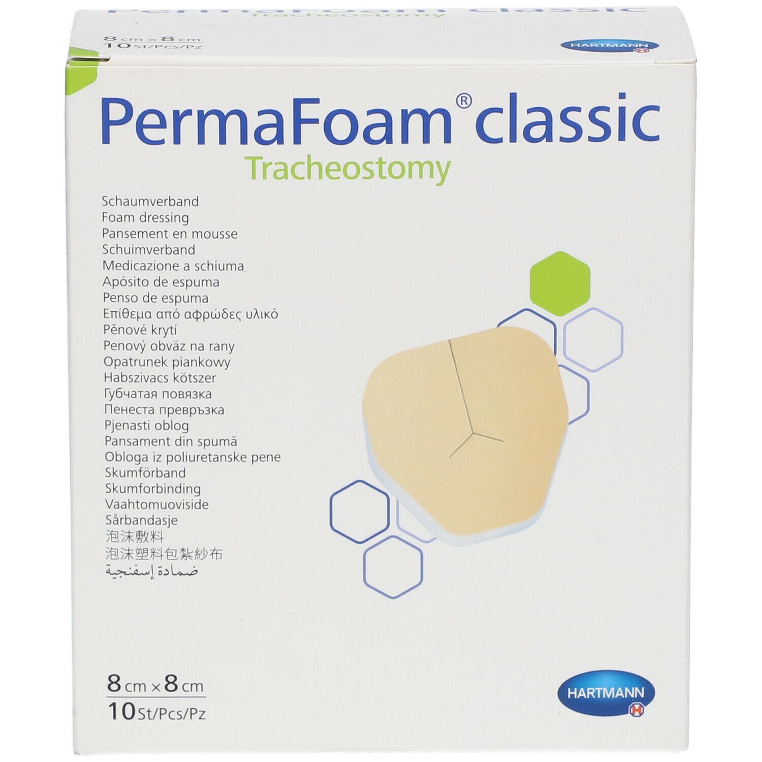 Verpakking PermaFoam classic Tracheostomie. 8x8cm, 10 stuks. Beige schuimverband met uitsparing. Hartmann logo.