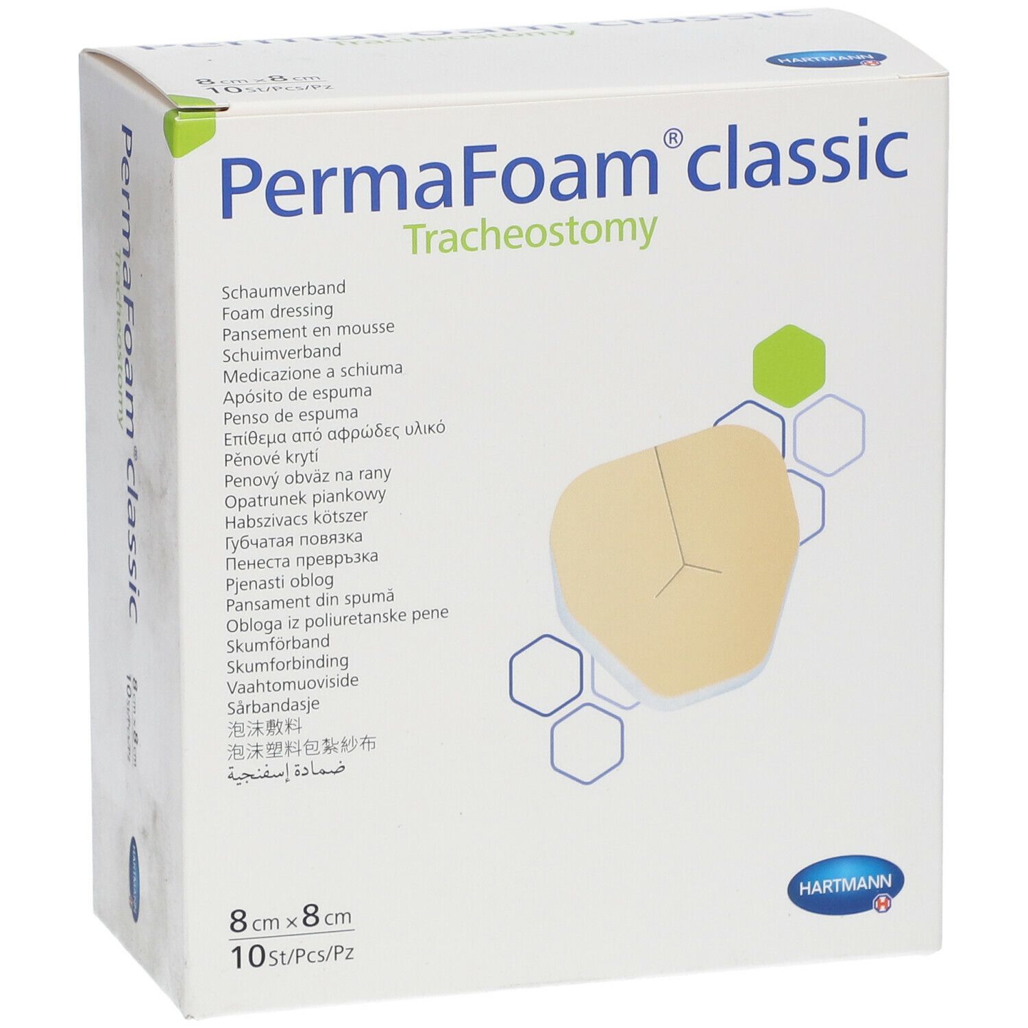 Verpakking PermaFoam classic Tracheostomie. 8x8cm, 10 stuks. Beige schuimverband met uitsparing. Hartmann logo.