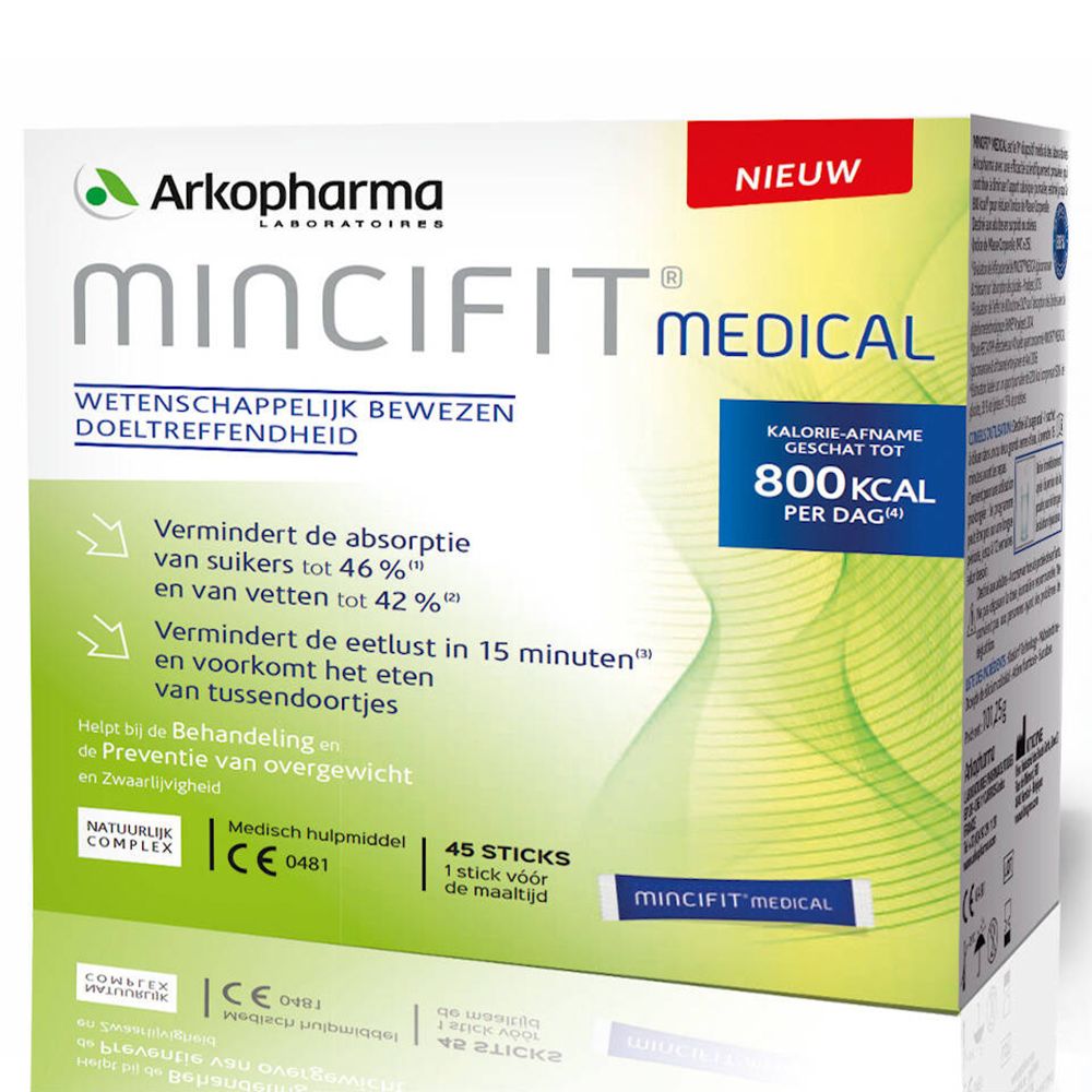 Boîte Arkopharma Mincifit Medical. Blanche, verte et bleue. Contient 45 sticks. Dispositif médical avec marquage CE.