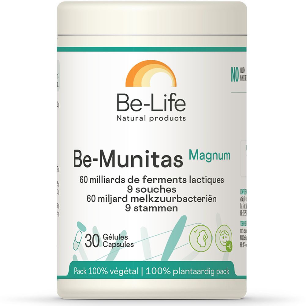 Boîte cylindrique Be-Life Be-Munitas Magnum. Contient 30 gélules. Étiquette verte et blanche avec informations produit.