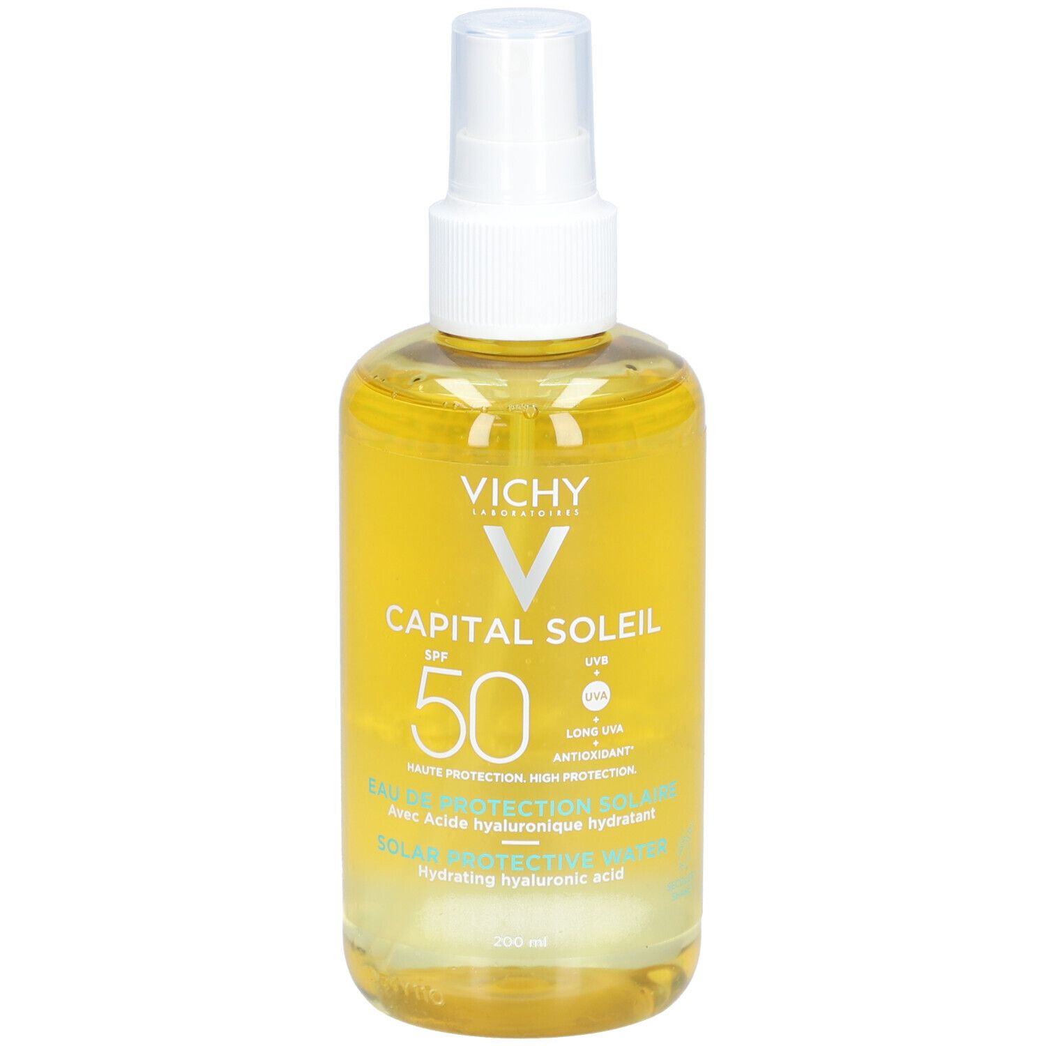 Gele fles met verstuiver. Vichy Capital Soleil SPF50, tekst op etiket.