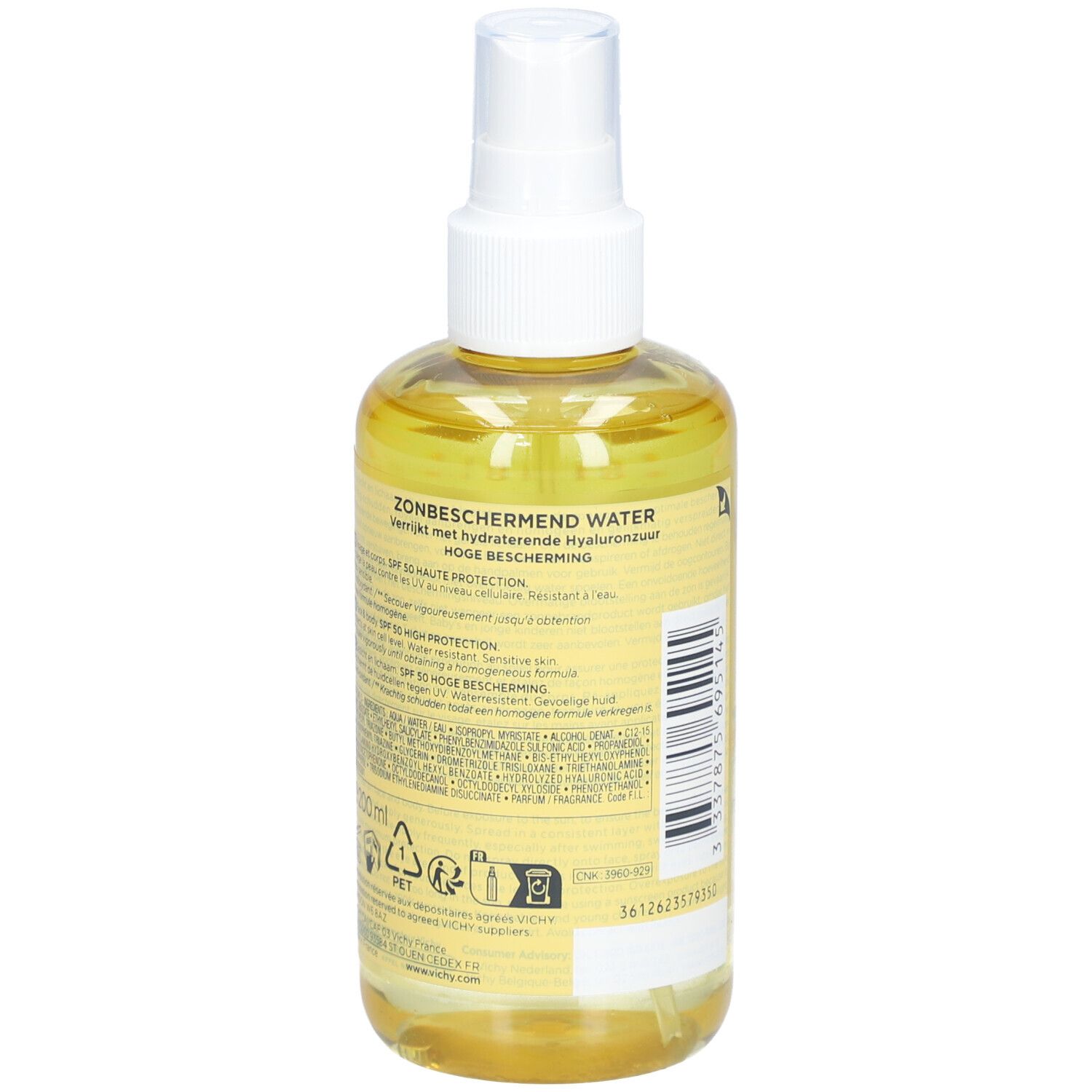 Gele fles met verstuiver. Vichy Capital Soleil SPF50, tekst op etiket.