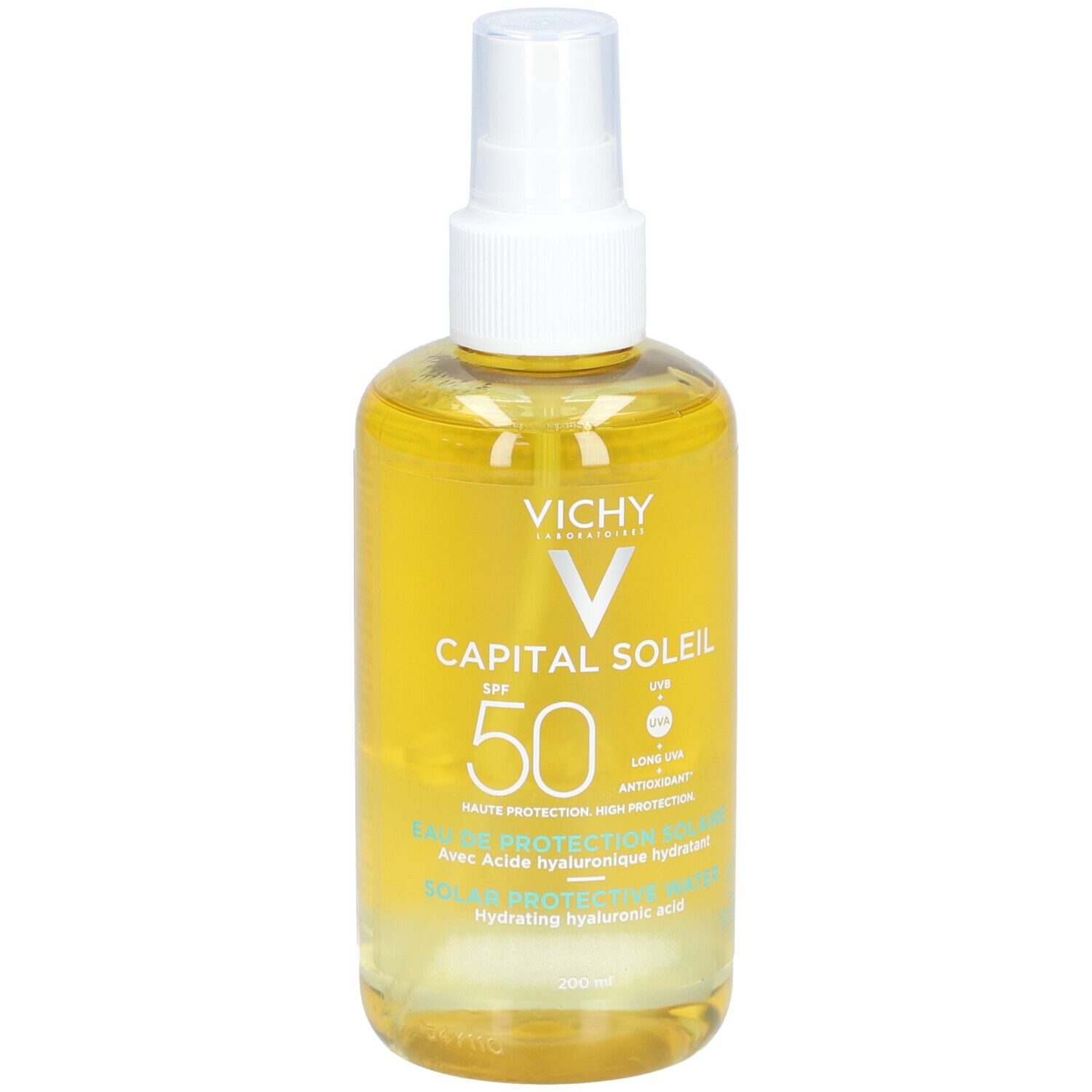 Gele fles met verstuiver. Vichy Capital Soleil SPF50, tekst op etiket.