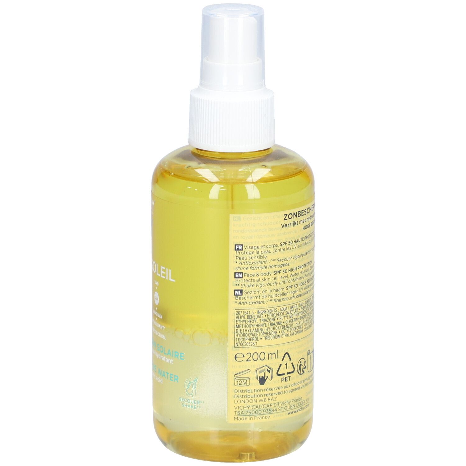Gele fles met verstuiver. Vichy Capital Soleil SPF50, tekst op etiket.