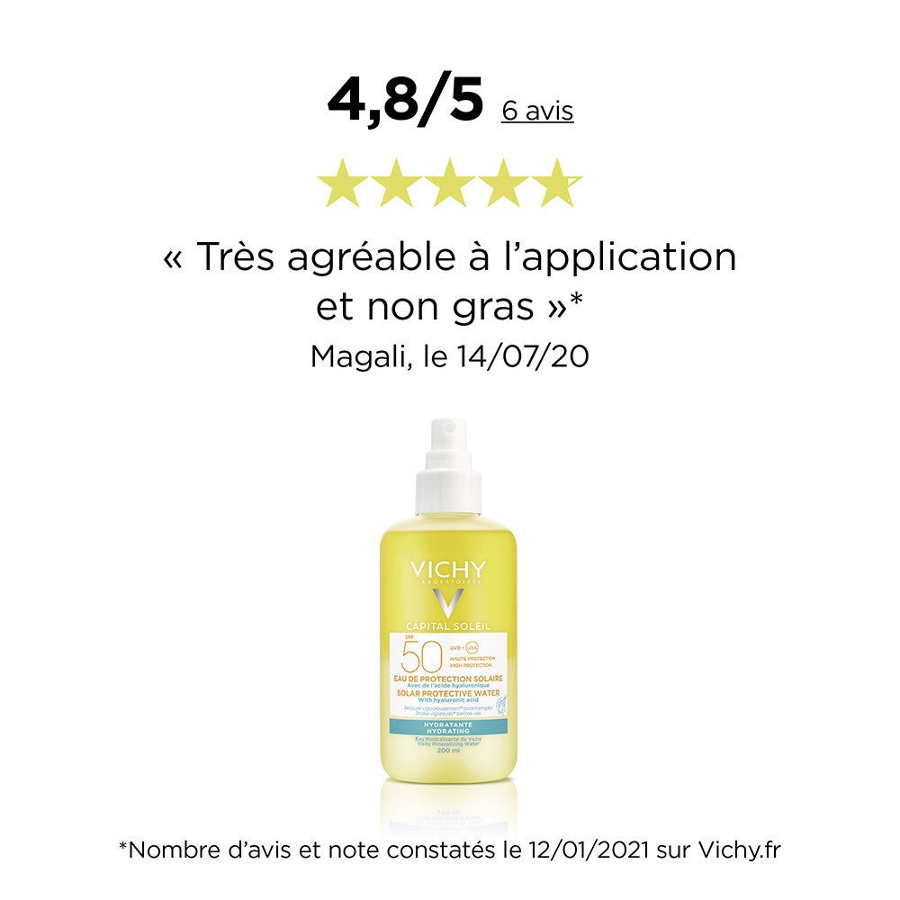 Product en beoordeling. Gele fles met verstuiver. Vichy Capital Soleil SPF50.