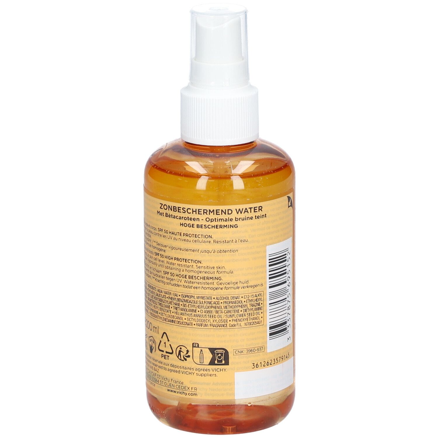 Dos du flacon Vichy Capital Soleil Eau de protection solaire SPF50. Informations textuelles et ingrédients visibles.