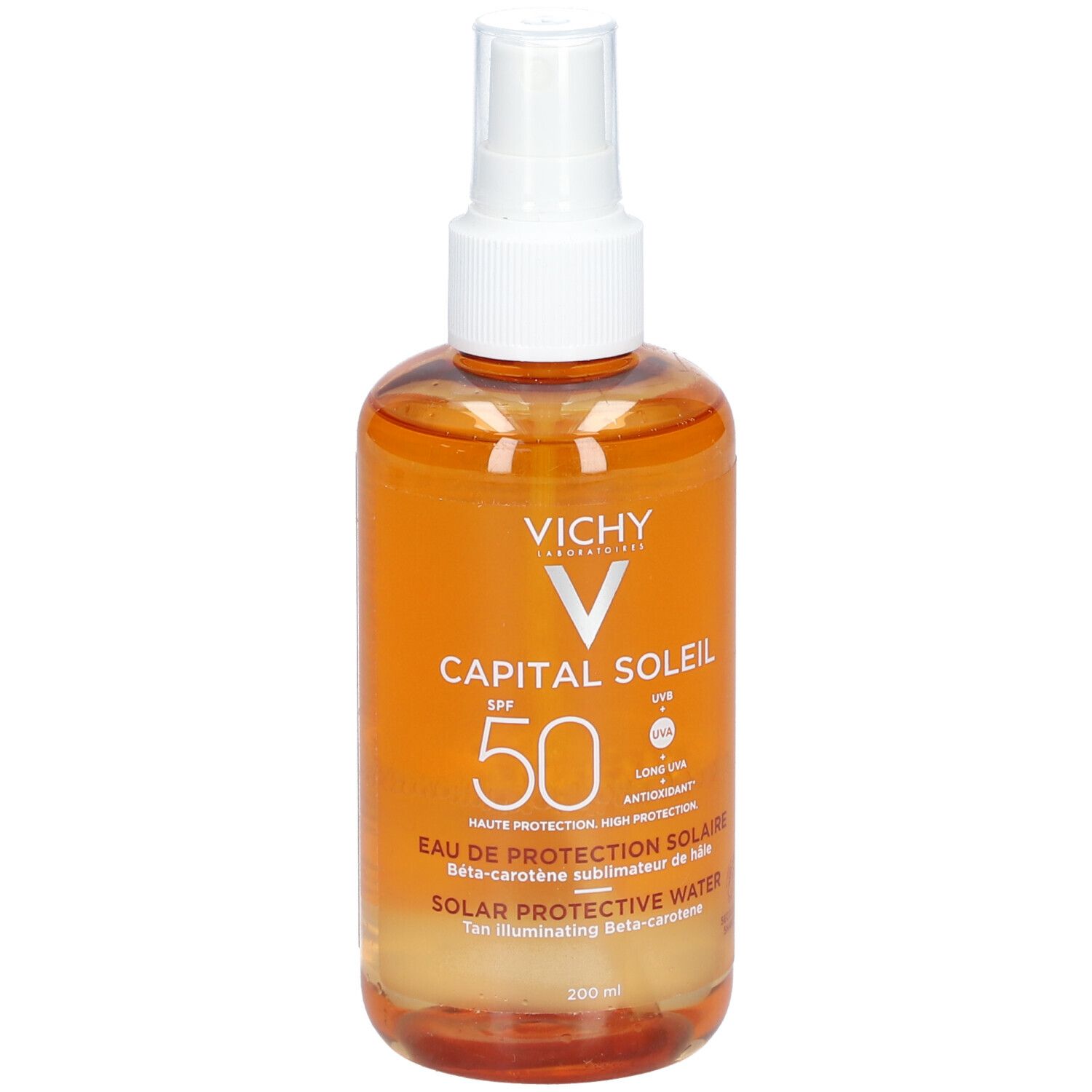 Vichy Capital Soleil Eau de protection solaire SPF50. Flacon orange avec vaporisateur. Nom du produit et SPF50 visibles.