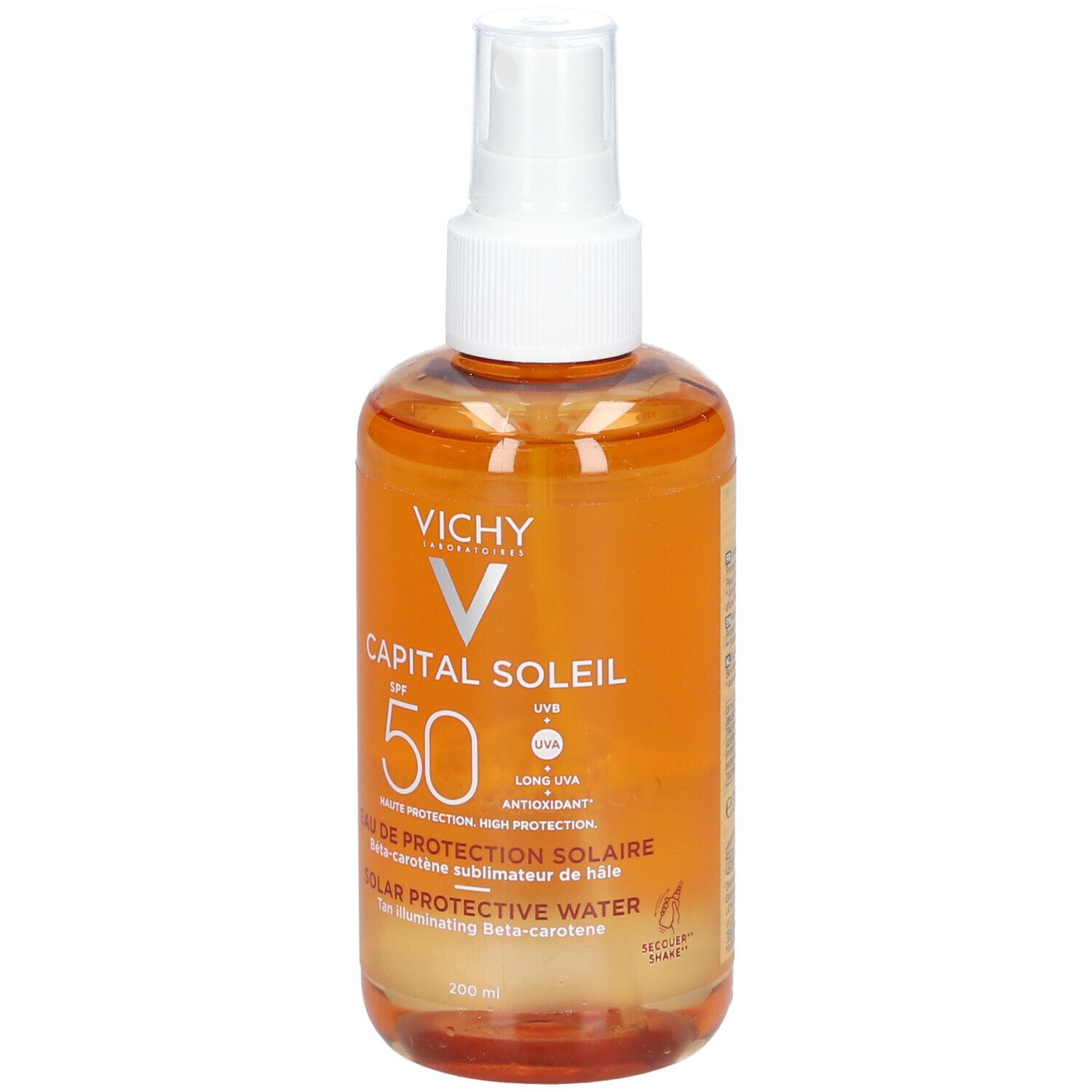 Vichy Capital Soleil Eau de protection solaire SPF50. Flacon orange avec vaporisateur. Nom du produit et SPF50 visibles.