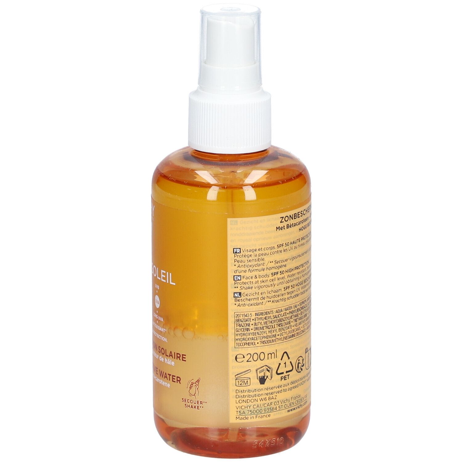 Dos du flacon Vichy Capital Soleil Eau de protection solaire SPF50. Informations textuelles et ingrédients visibles.