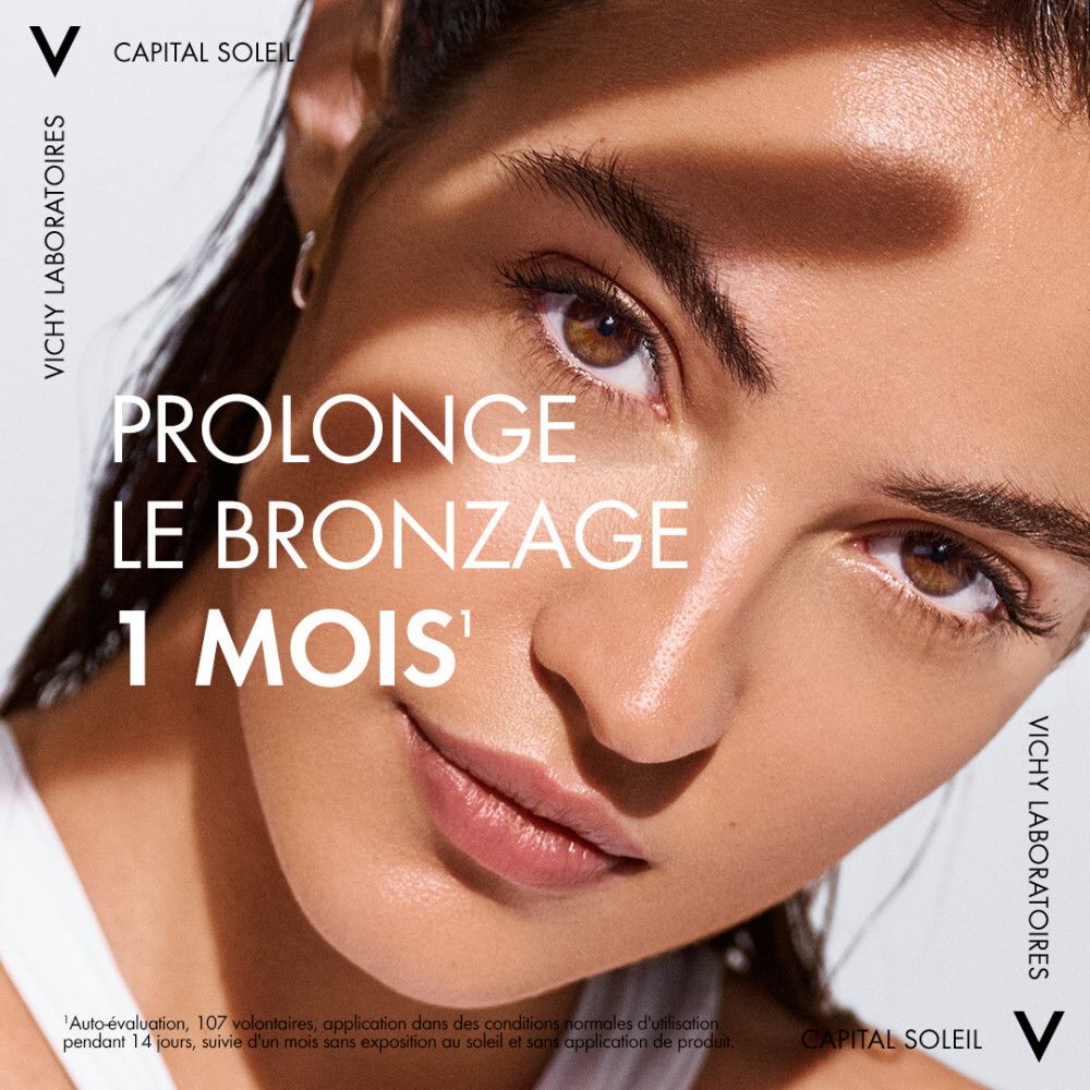 Vichy Capital Soleil Eau de protection solaire SPF50. Flacon orange avec vaporisateur. Nom du produit et SPF50 visibles.