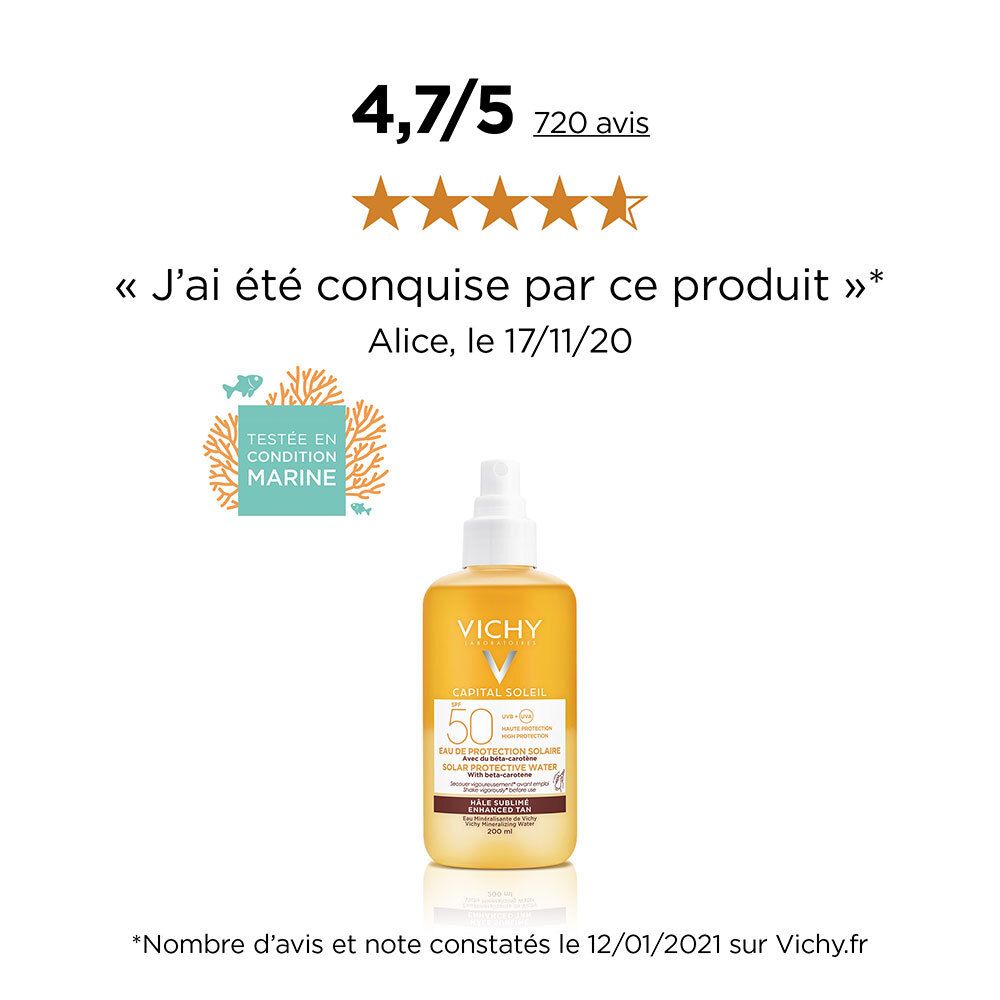 Flacon Vichy Capital Soleil Eau de protection solaire SPF50 avec évaluation et citation.