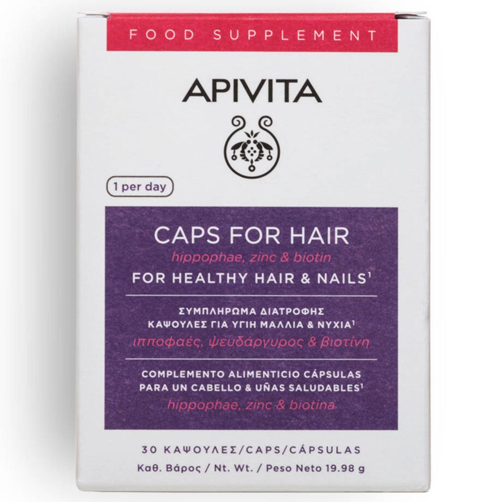 Doosje voedingssupplement Apivita Caps for Hair. Bevat 30 capsules. Ingrediënten: zink, biotine.