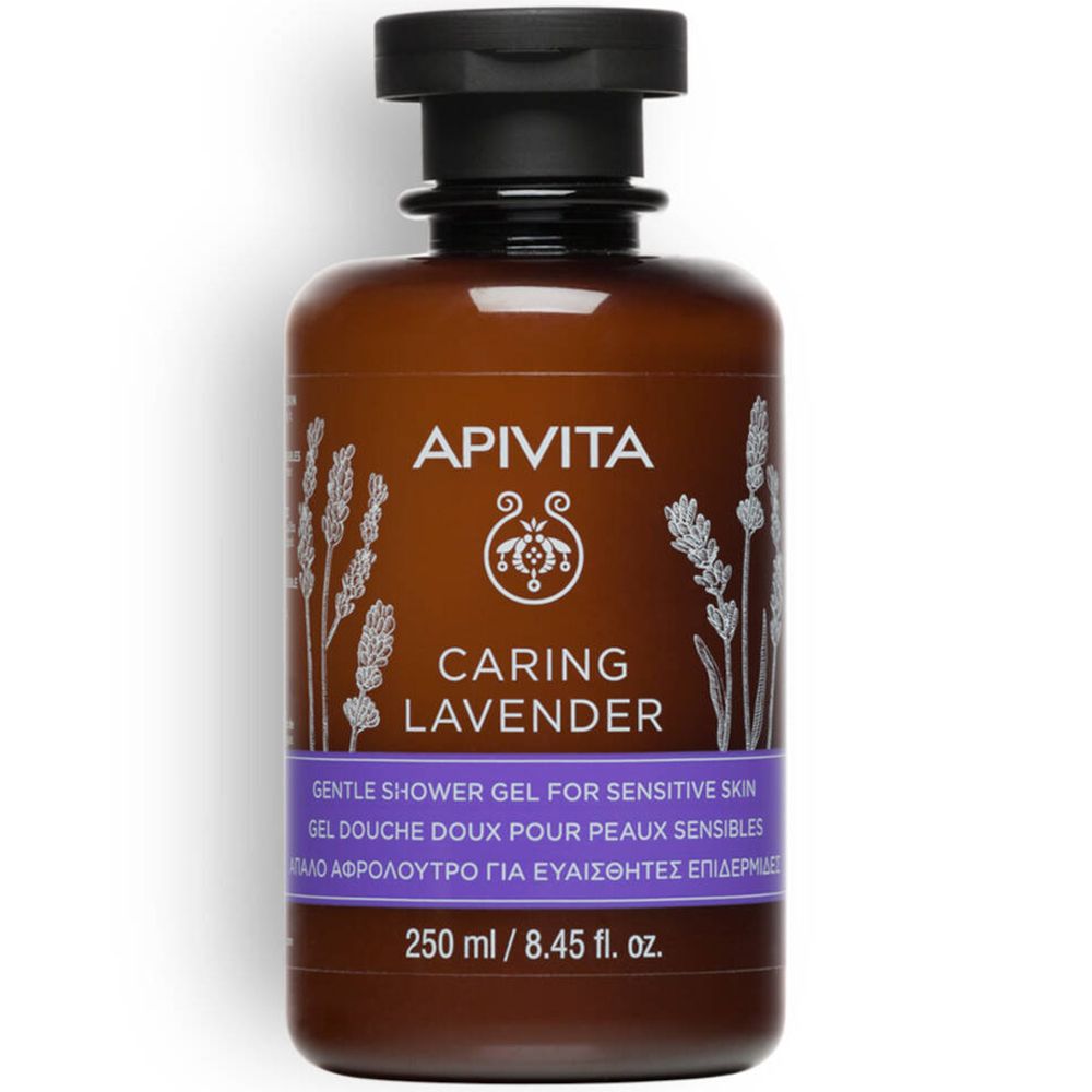 Flacon marron avec bouchon noir. Inscription: APIVITA CARING LAVENDER. Gel douche pour peaux sensibles. 250 ml.