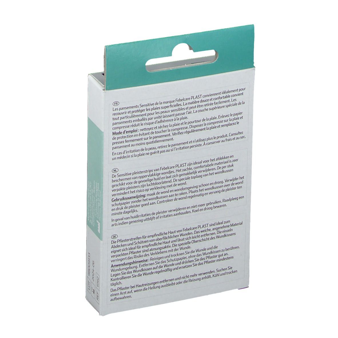 Dos de la boîte de pansements. Texte multilingue, y compris les instructions d'utilisation.