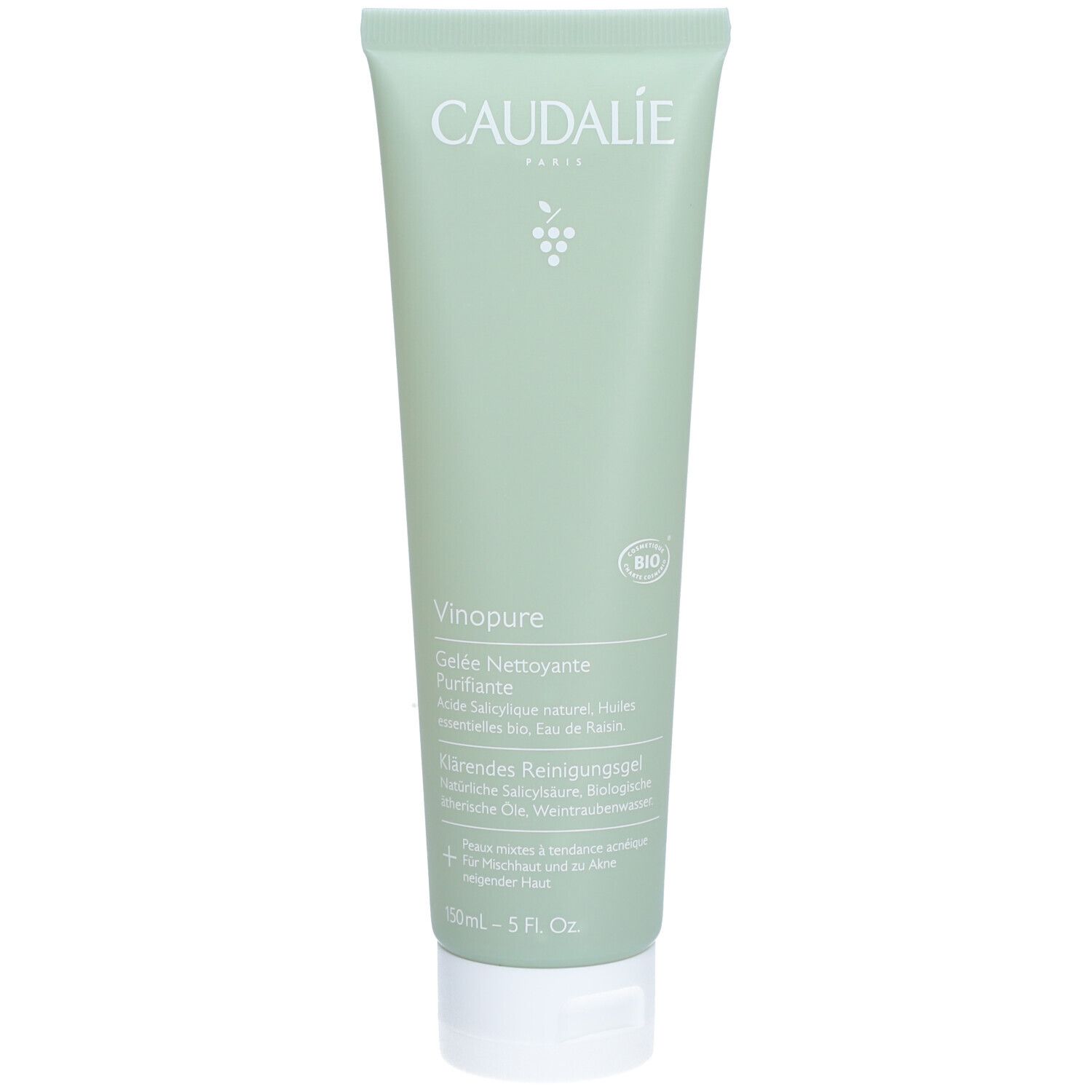 Grüne Tube mit weißem Deckel. Aufschrift: Caudalie, Vinopure, Gelée Nettoyante Purifiante. Bio-Siegel.
