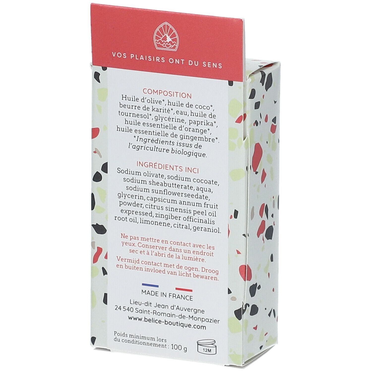 Achterkant van de zeepverpakking. Ingrediëntenlijst en fabrikantinfo. Opschrift: Made in France. 100g.