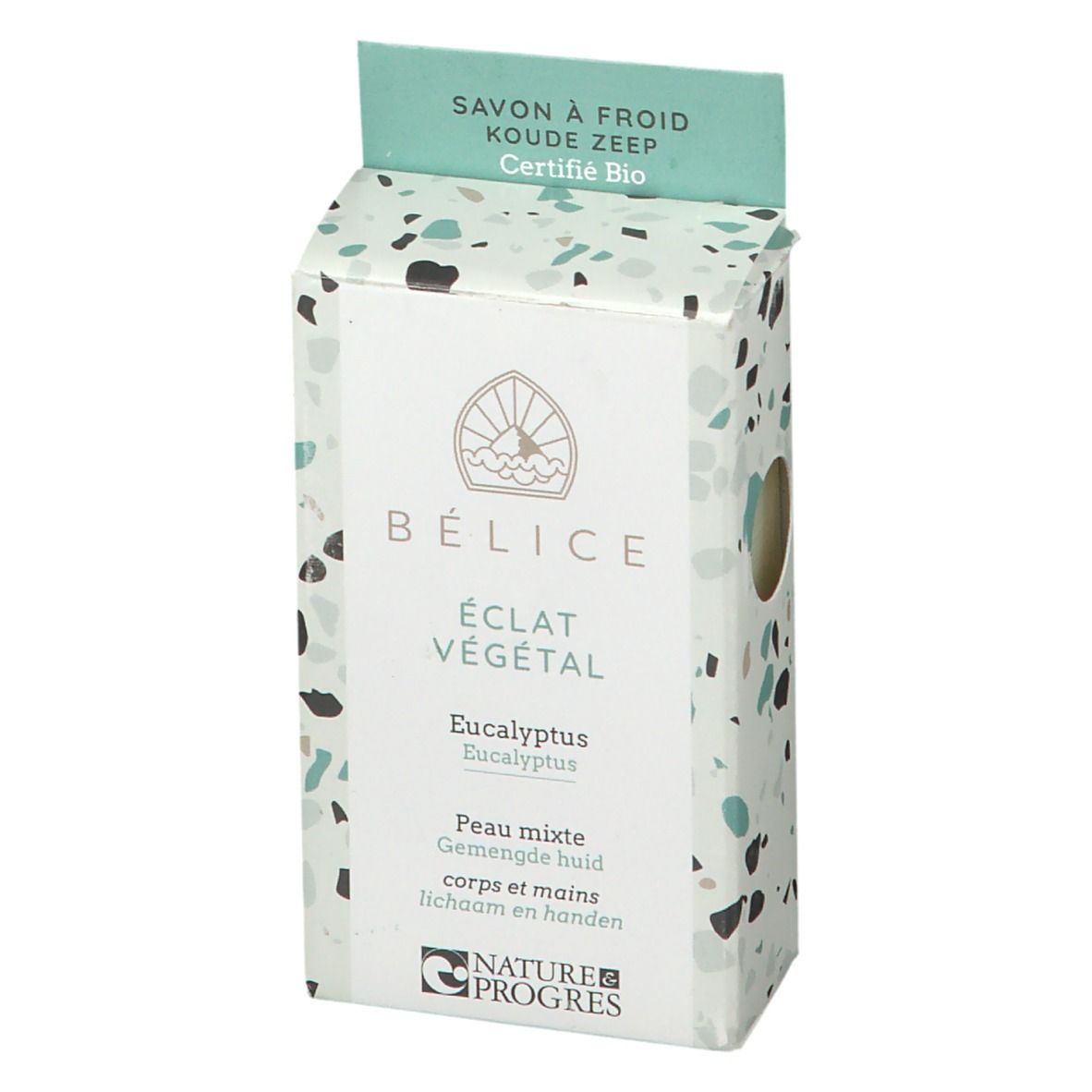 Kartonnen verpakking BÉLICE Éclat Végétal, Eucalyptus. Gat toont zeep. Tekst: Savon à froid. Logo.