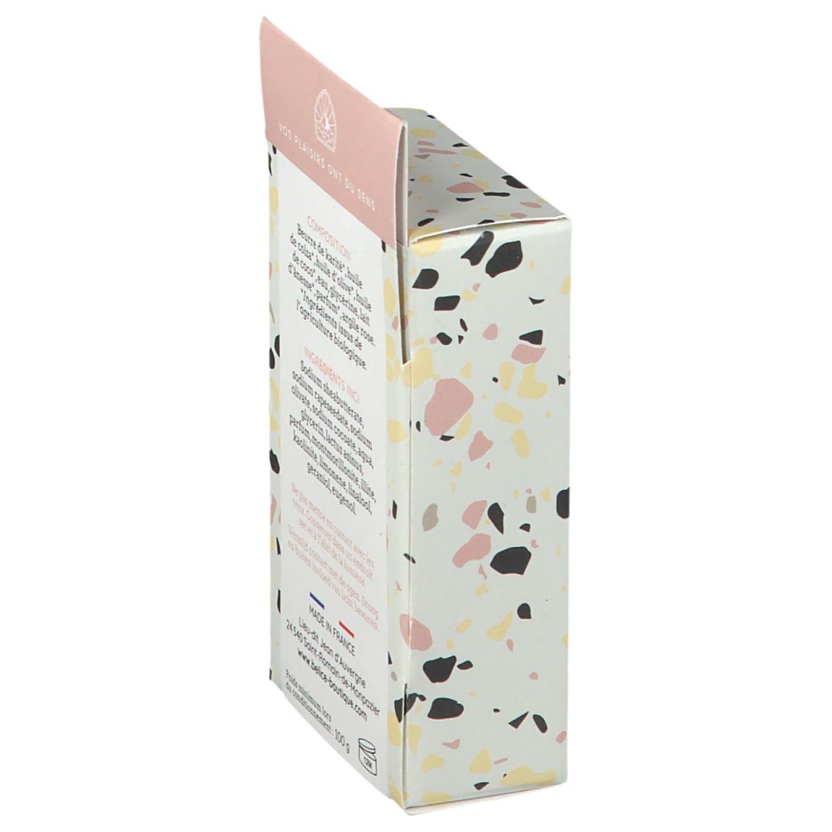 BÉLICE-verpakking, achterkant met ingrediënten en adres. Opschrift: Made in France. Certificering: Bio.