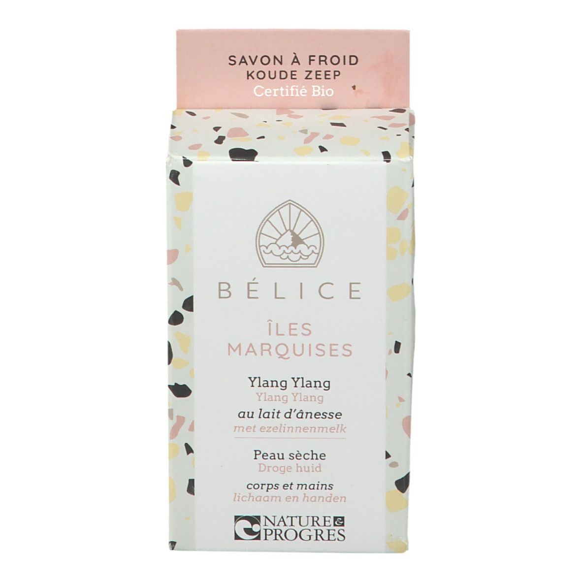 BÉLICE-verpakking. Opschrift: Îles Marquises, Ylang Ylang, au lait d'ânesse, Peau sèche, corps et mains. Certificering: Nature & Progrès.