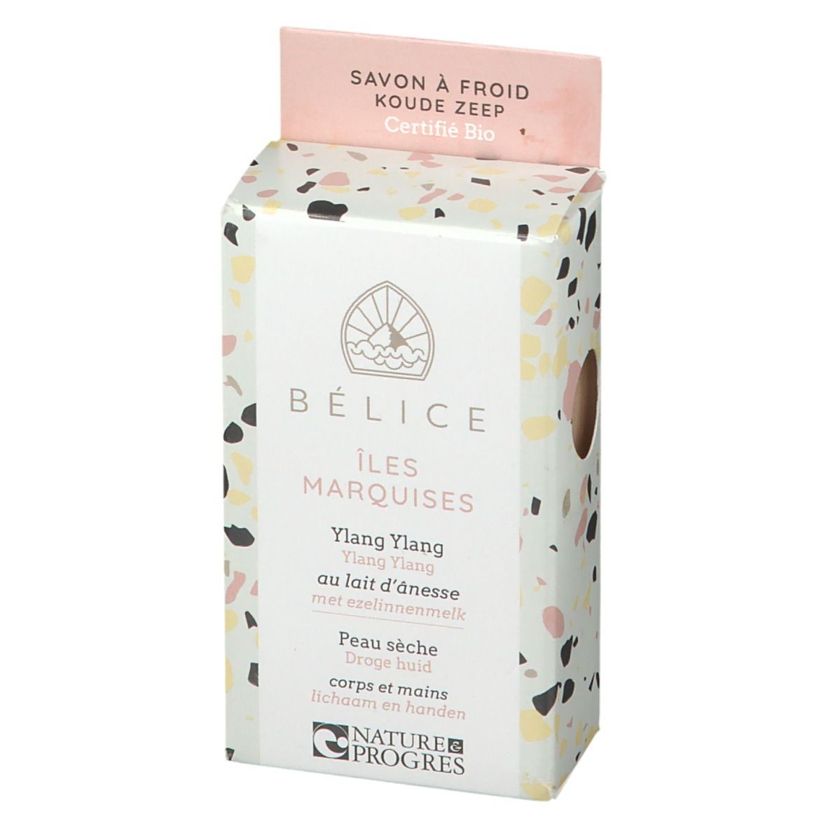 BÉLICE-verpakking met venster. Opschrift: Îles Marquises, Ylang Ylang, au lait d'ânesse, Peau sèche, corps et mains. Certificering: Nature & Progrès.
