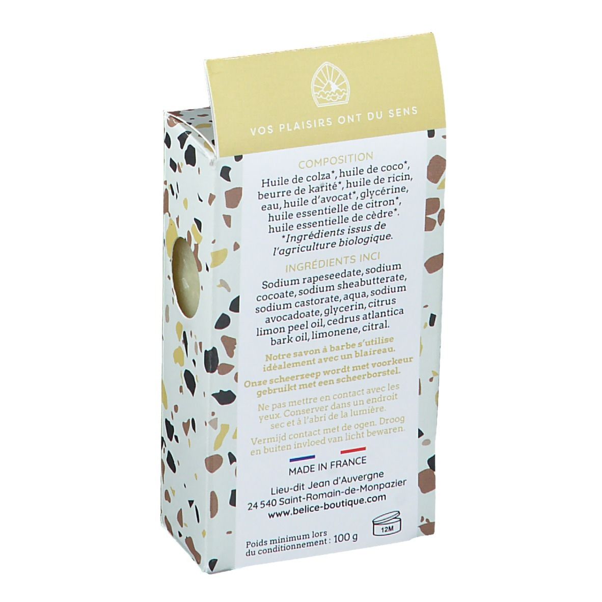Achterkant van de zeepverpakking. Ingrediëntenlijst en fabrikantinfo. Merk: BÉLICE. Certificering: Nature & Progrès.