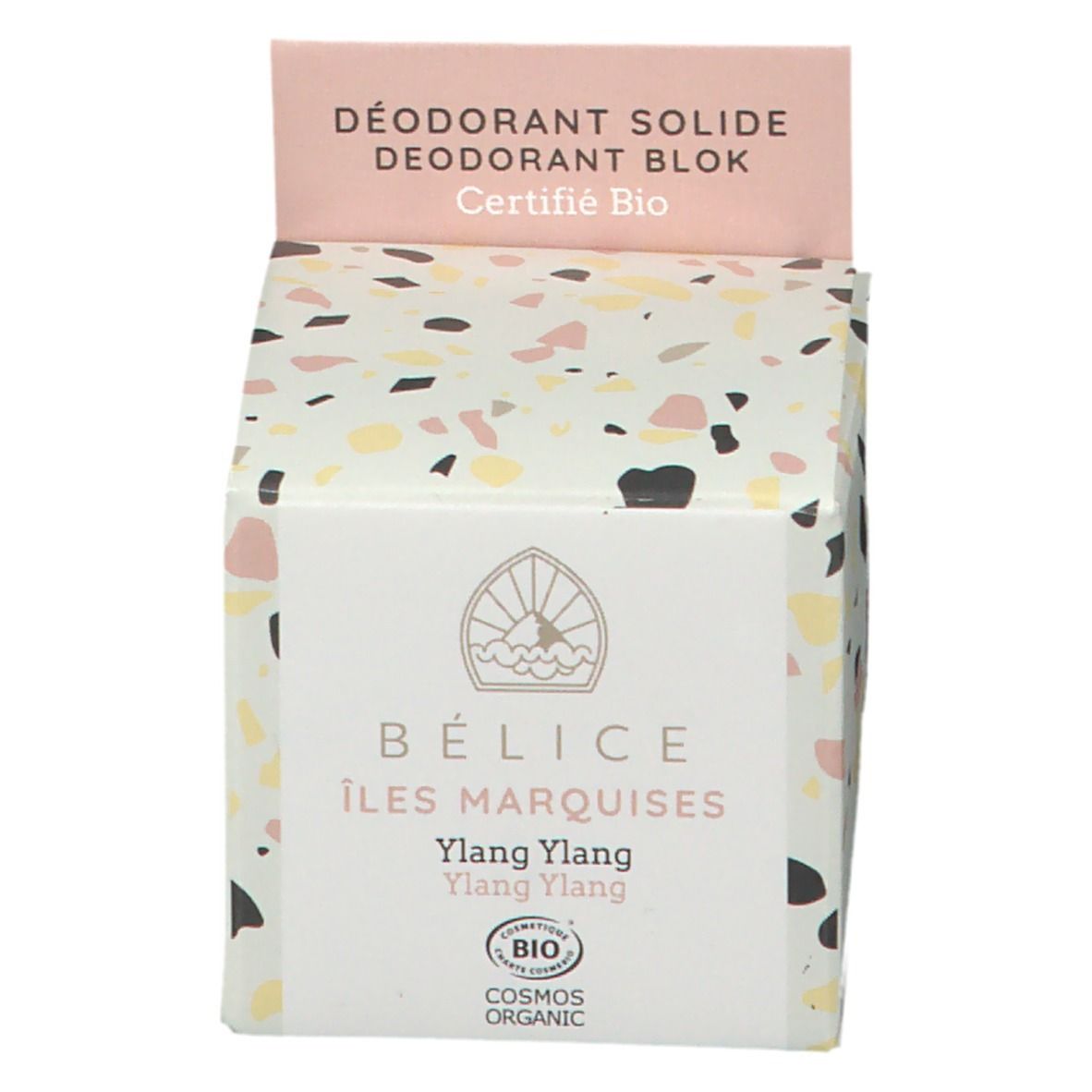 Kartonnen verpakking met tekst: DÉODORANT SOLIDE, Certifié Bio, BÉLICE ÎLES MARQUISES, Ylang Ylang. Bio-certificering.