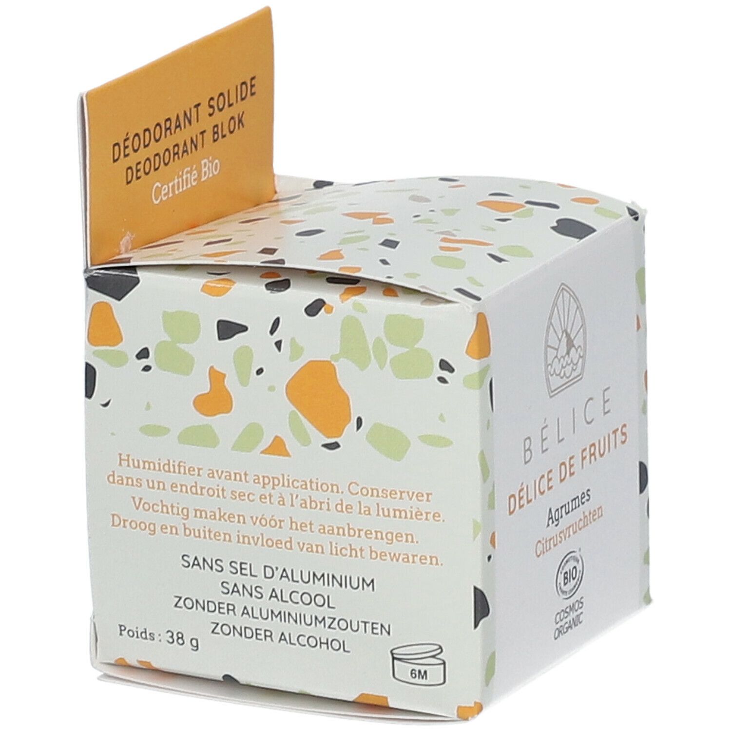 Deodorantverpakking. Opschrift: BÉLICE, Délice de Fruits, Agrumes, Bio-certificering. Achterkant met tekst en ingrediënten.