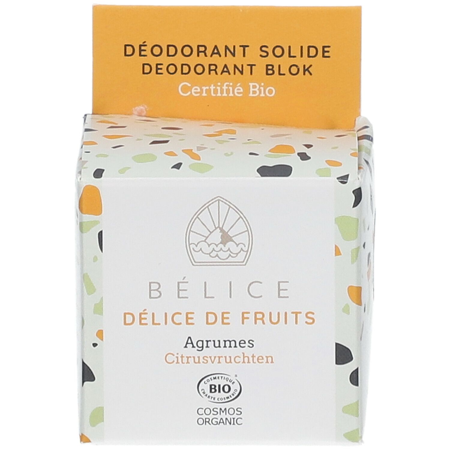 Vooraanzicht van de deodorantverpakking. Opschrift: BÉLICE, Délice de Fruits, Agrumes, Bio-certificering. Gecertificeerd Bio.