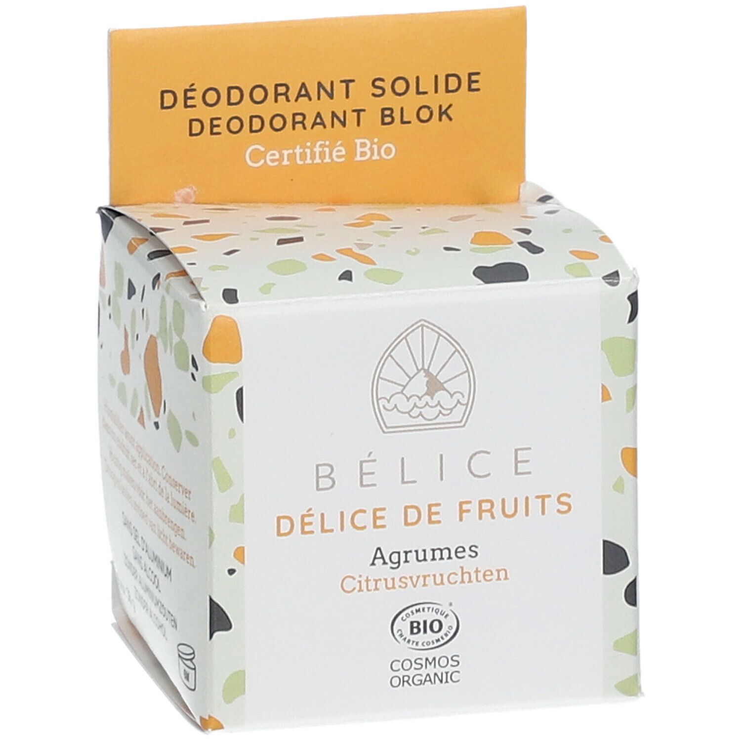 Deodorantverpakking. Opschrift: BÉLICE, Délice de Fruits, Agrumes, Bio-certificering. Gecertificeerd Bio. Hoekweergave.