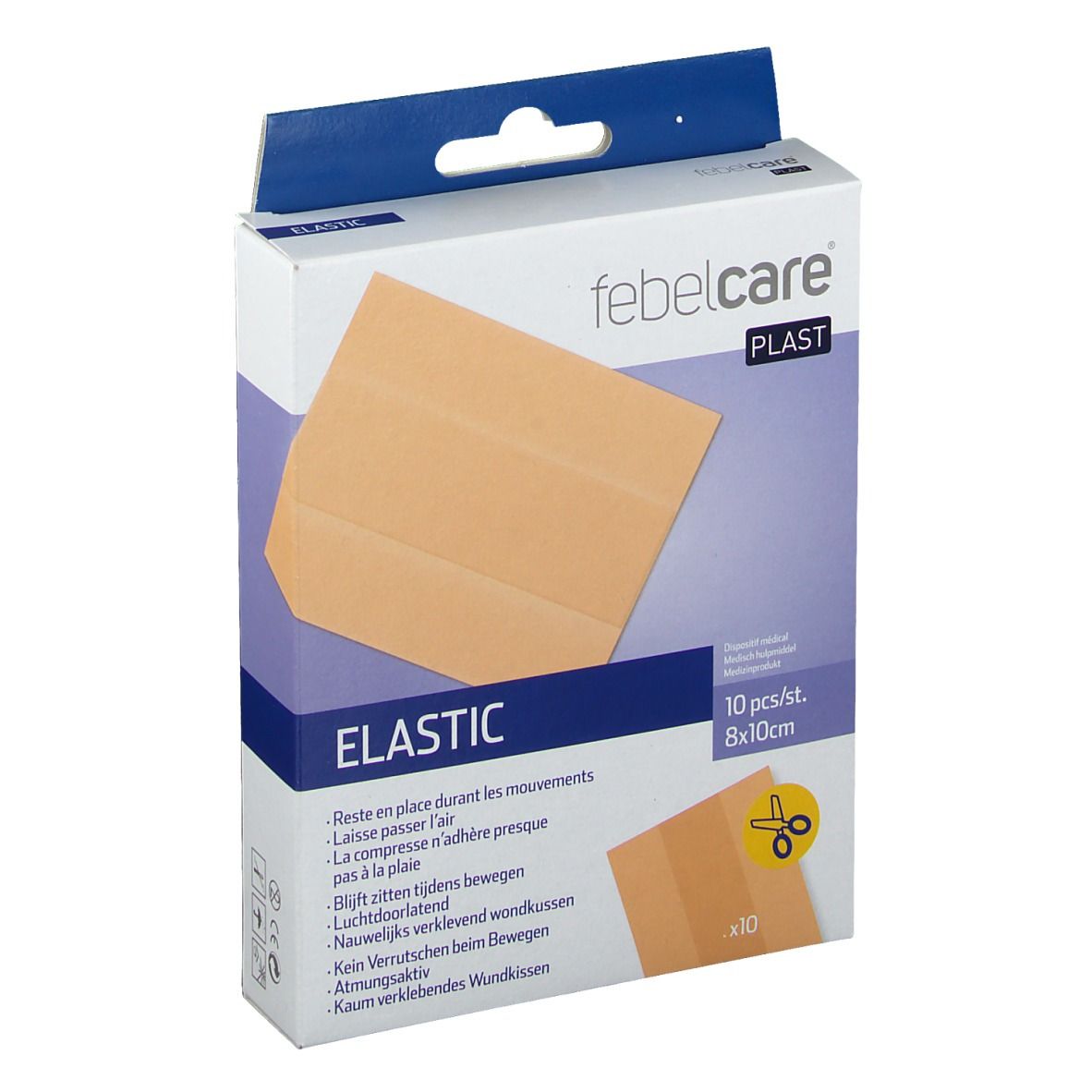 Boîte de pansements élastiques Febelcare. 10 pièces, 8x10cm. Inscription: Elastic. Pansement beige sur l'emballage.