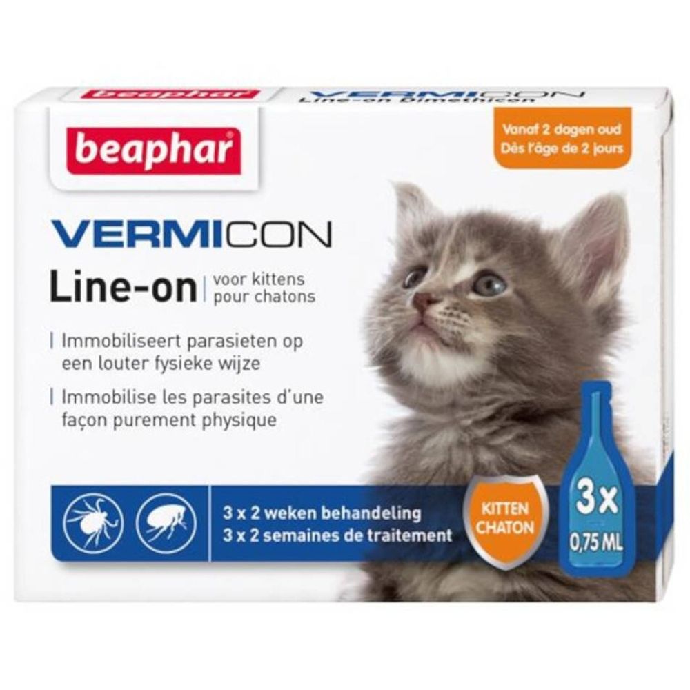 Verpackung mit Produktnamen VERMICON Line-on. Abbildung eines Kätzchens. Enthält 3 x 0,75 ml.