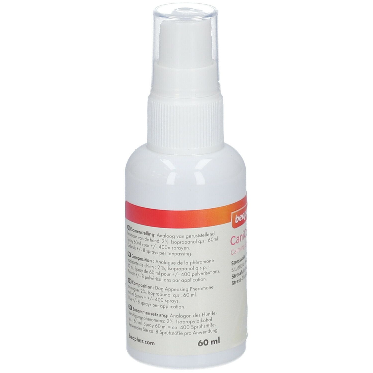 Achterkant van de witte sprayfles. Tekst in meerdere talen. Opschrift: 60 ml.