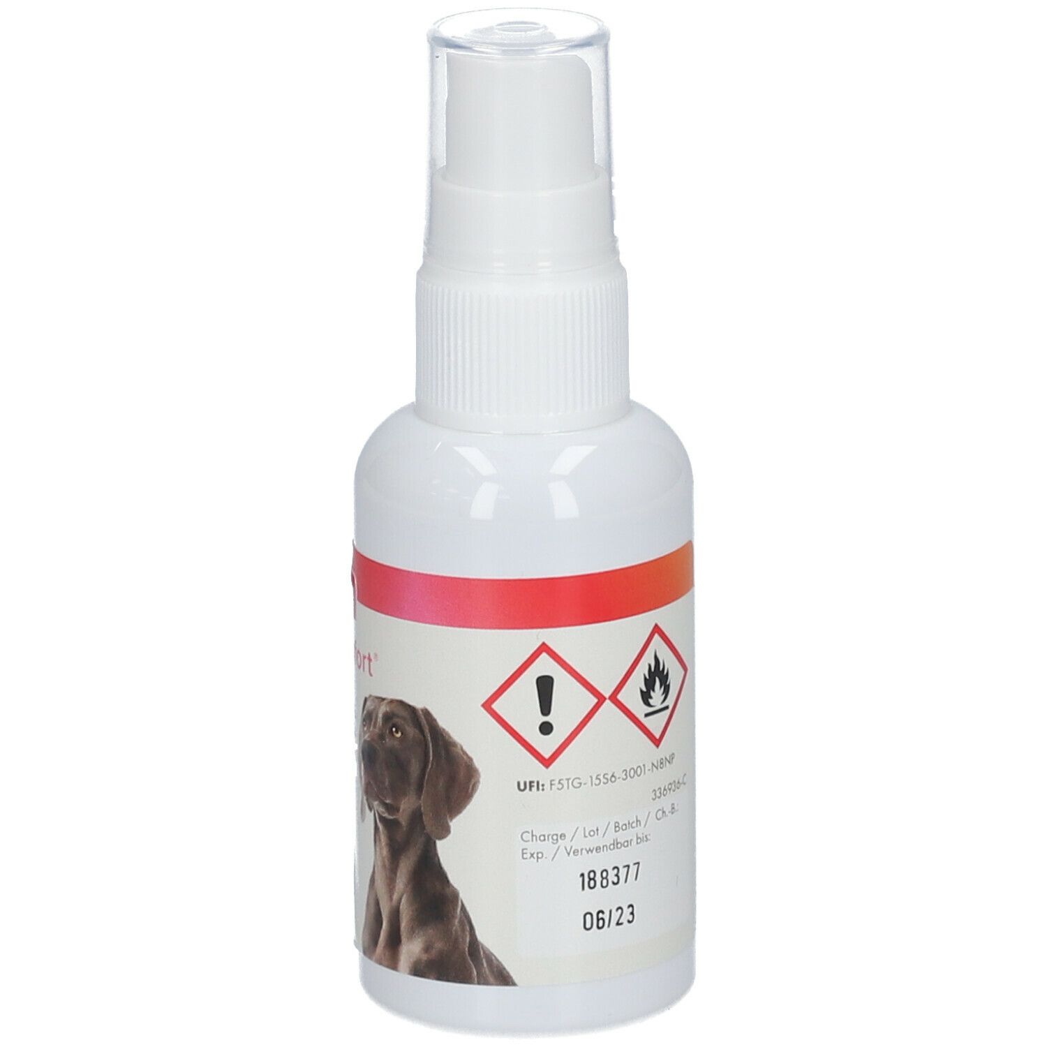 Witte sprayfles met waarschuwingssymbolen en tekst. Afbeelding van een hond. Opschrift: beaphar CaniComfort.