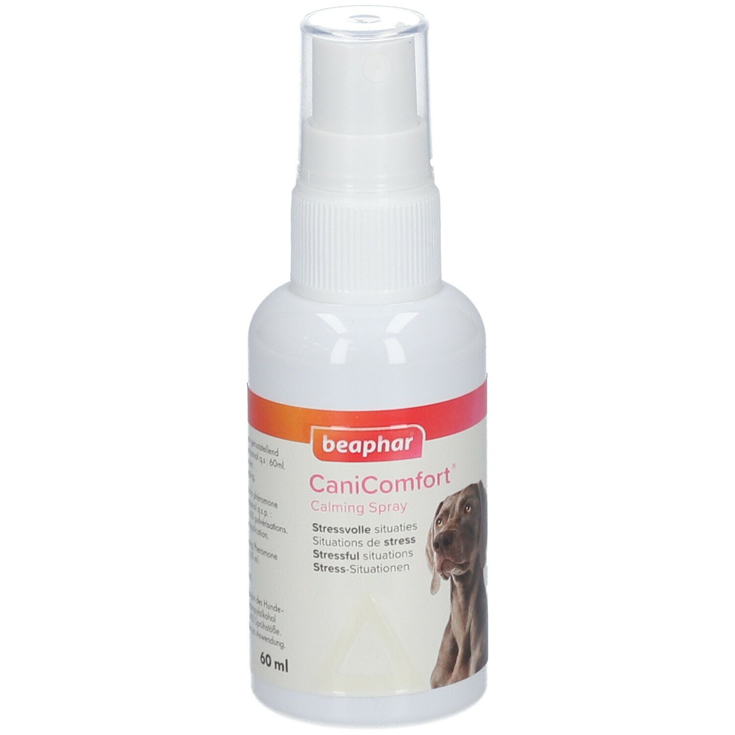 Witte sprayfles met opschrift: beaphar CaniComfort Calming Spray. Afbeelding van een hond. 60 ml.