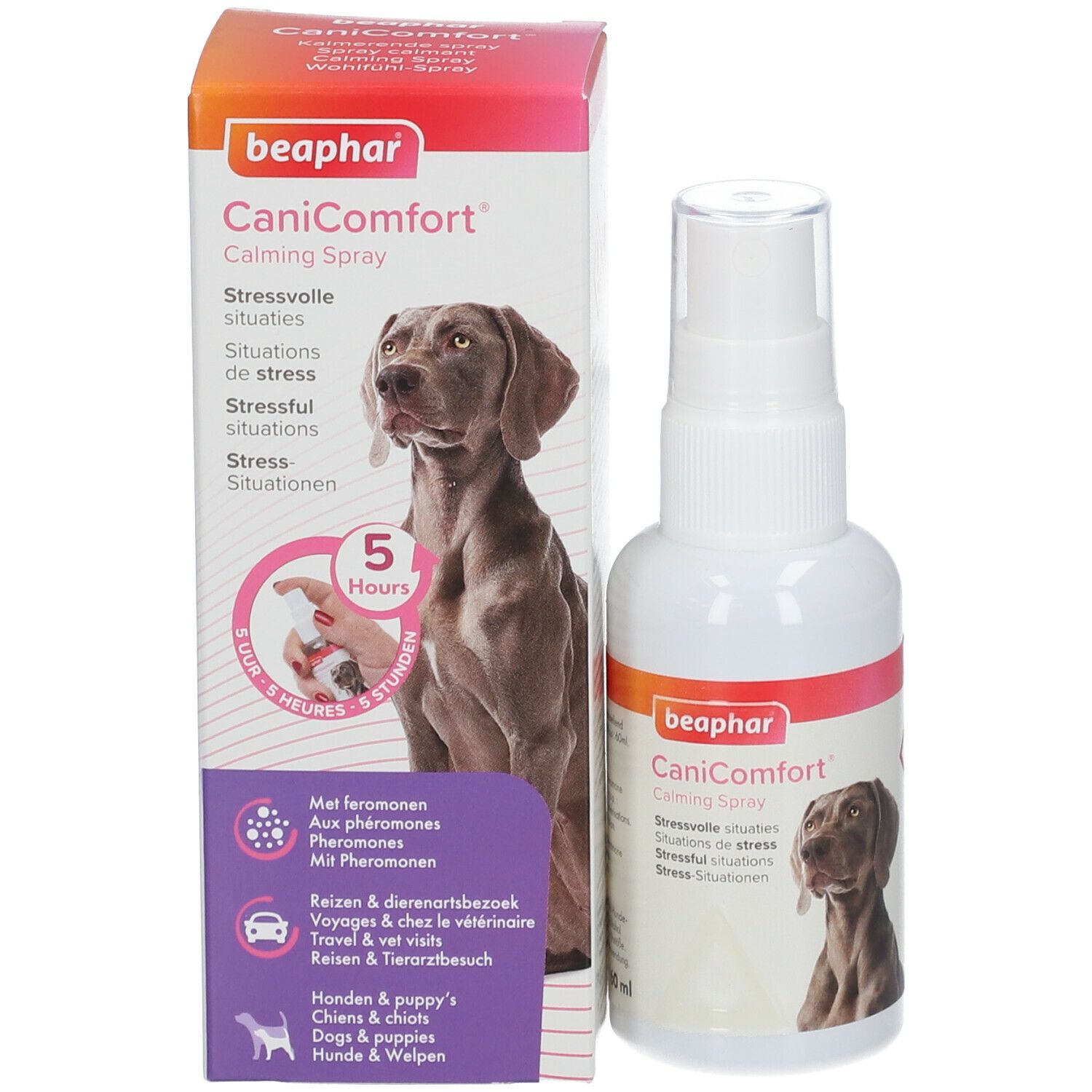 Productverpakking en sprayfles. Opschrift: beaphar CaniComfort Calming Spray. Afbeelding van een hond.