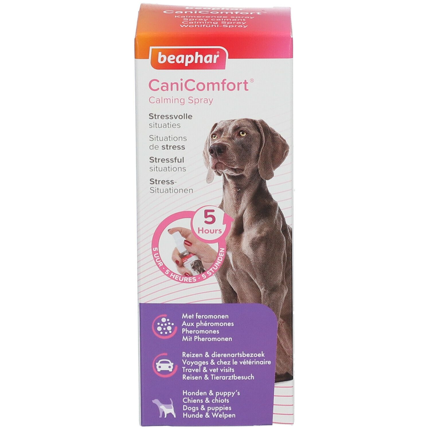 Productverpakking. Opschrift: beaphar CaniComfort Calming Spray. Afbeelding van een hond. 5 uur.