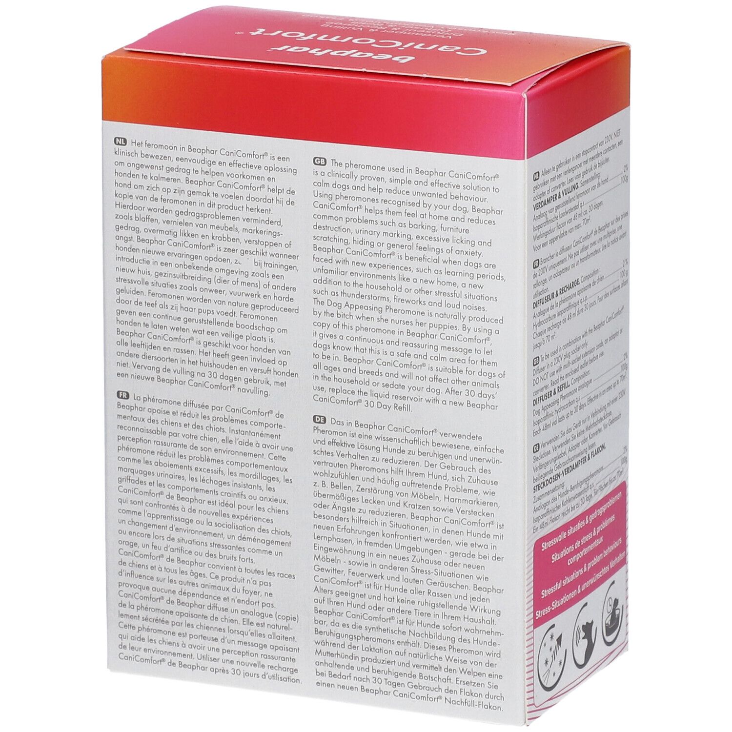 Seite der Beaphar CaniComfort Starter-Kit Box. Text in mehreren Sprachen. Enthält Produktinformationen.