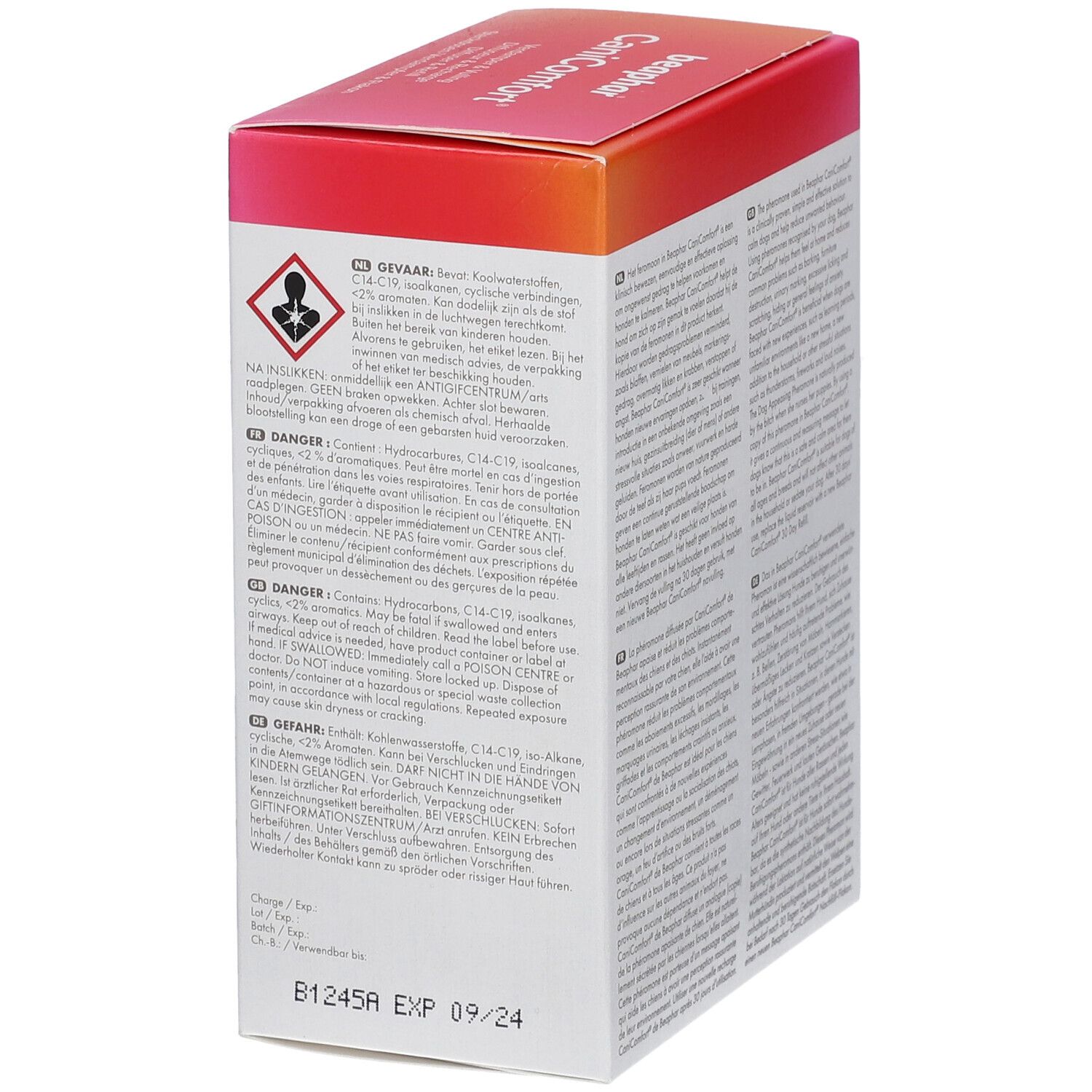 Rückseite der Beaphar CaniComfort Starter-Kit Box. Warnhinweise und Inhaltsstoffe.