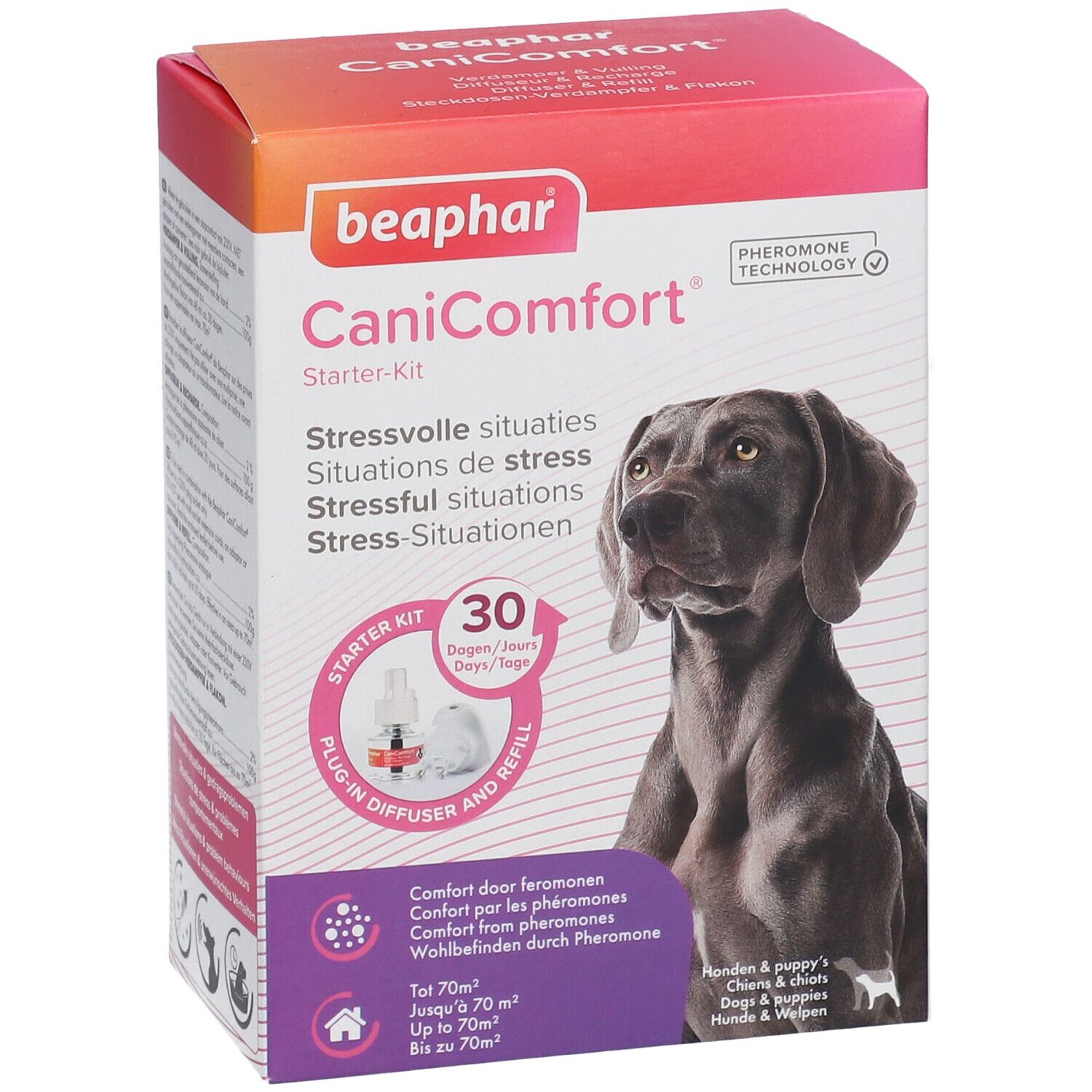 Beaphar CaniComfort Starter-Kit. Box mit Hundefoto. Enthält Diffusor und Nachfüllpackung. Für stressige Situationen.